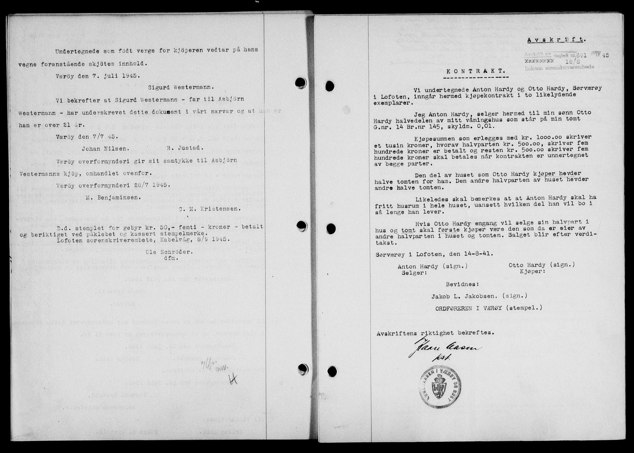 Lofoten sorenskriveri, SAT/A-0017/1/2/2C/L0013a: Mortgage book no. 13a, 1944-1946, Diary no: : 691/1945