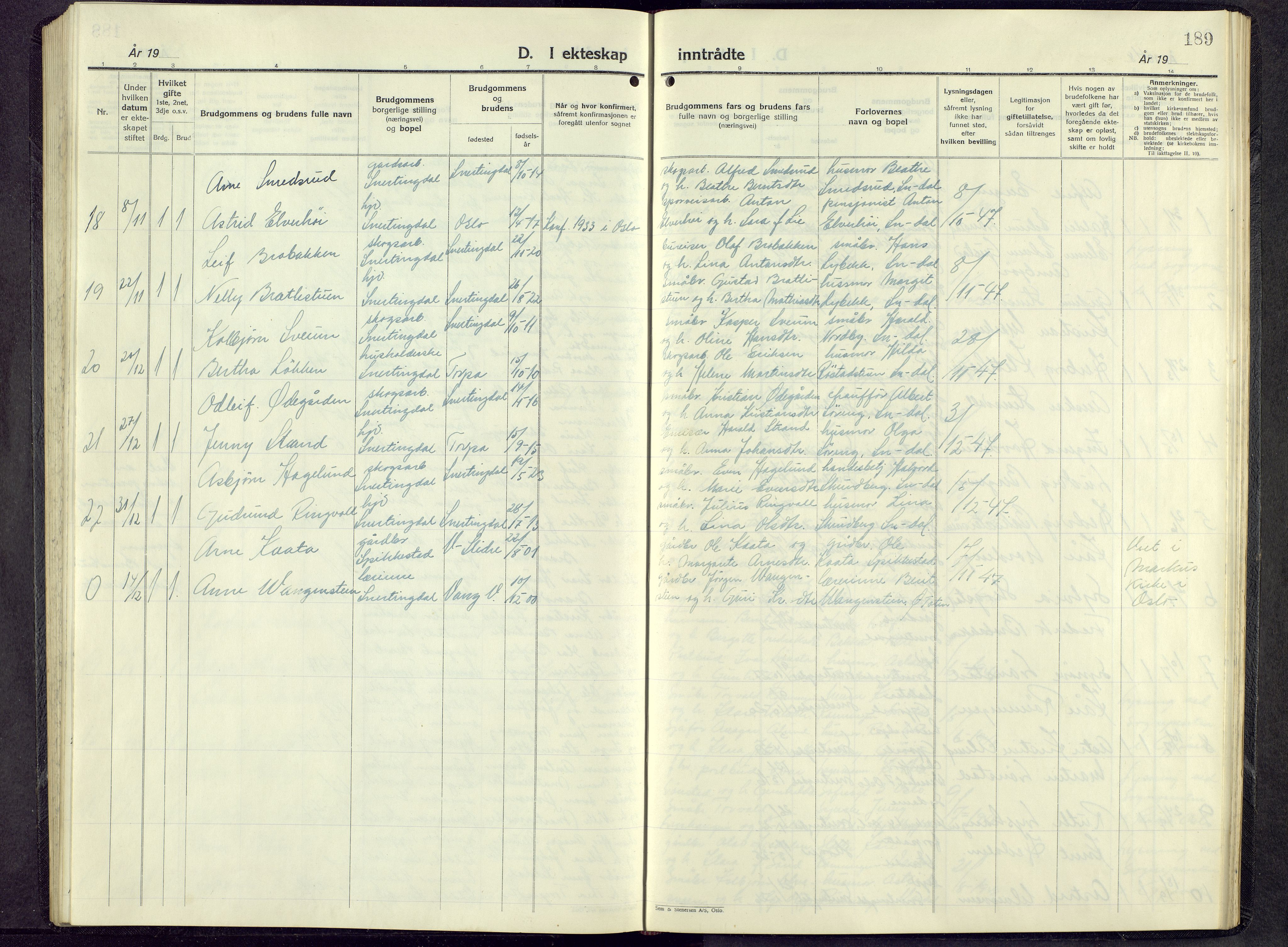 Biri prestekontor, SAH/PREST-096/H/Ha/Hab/L0009: Parish register (copy) no. 9, 1942-1955, p. 189