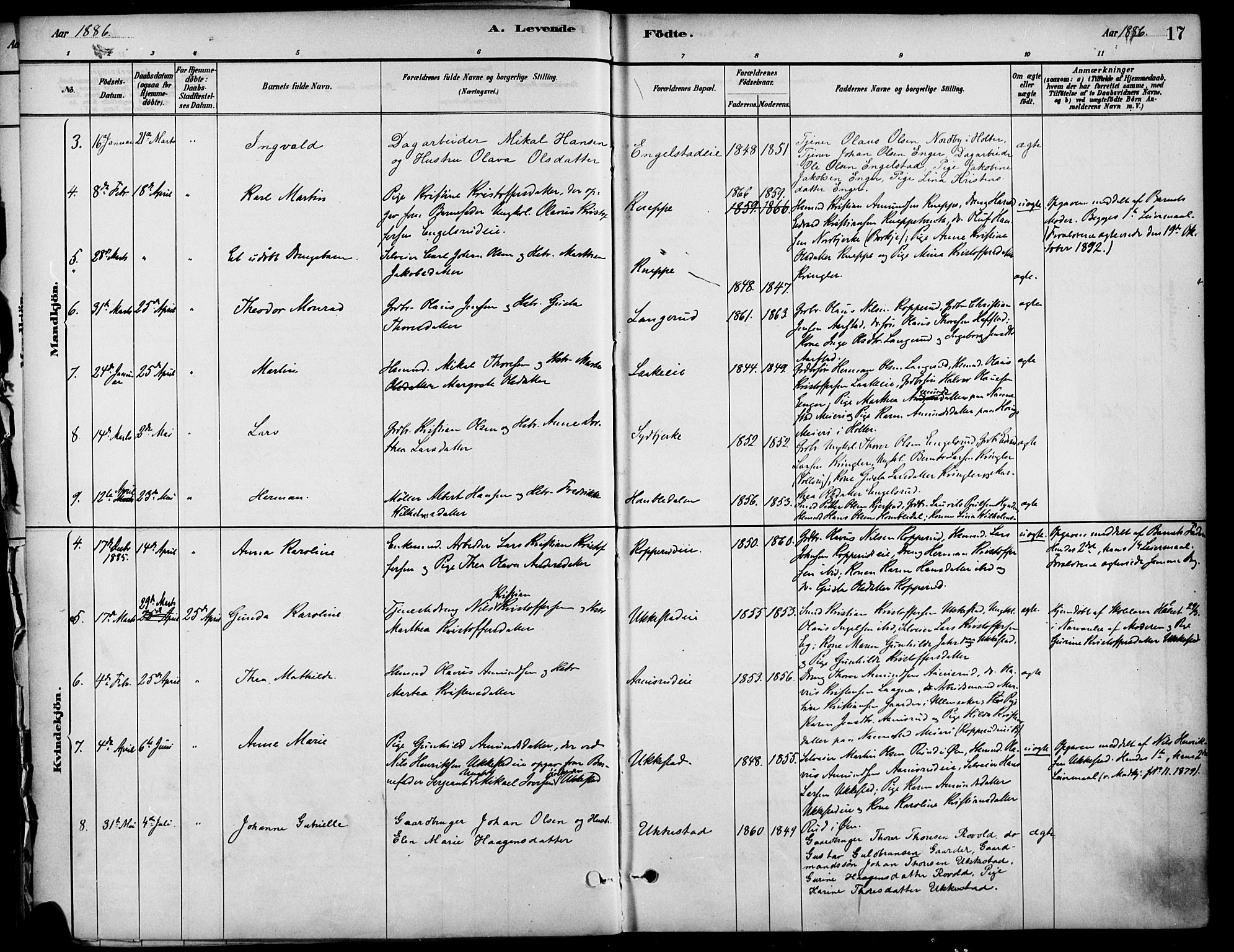 Nannestad prestekontor Kirkebøker, AV/SAO-A-10414a/F/Fa/L0014: Parish register (official) no. I 14, 1881-1890, p. 17