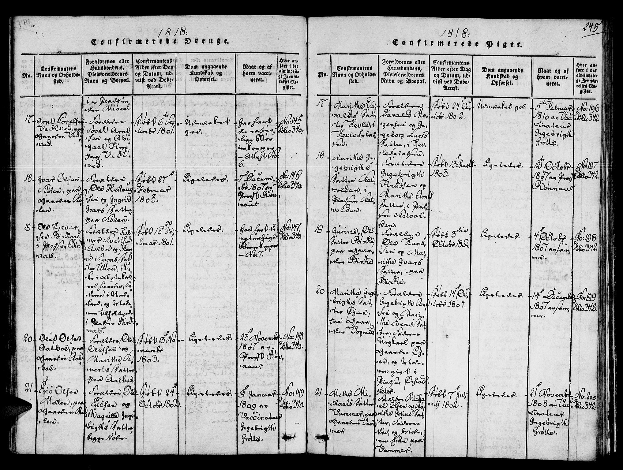 Ministerialprotokoller, klokkerbøker og fødselsregistre - Sør-Trøndelag, AV/SAT-A-1456/678/L0895: Parish register (official) no. 678A05 /1, 1816-1821, p. 245