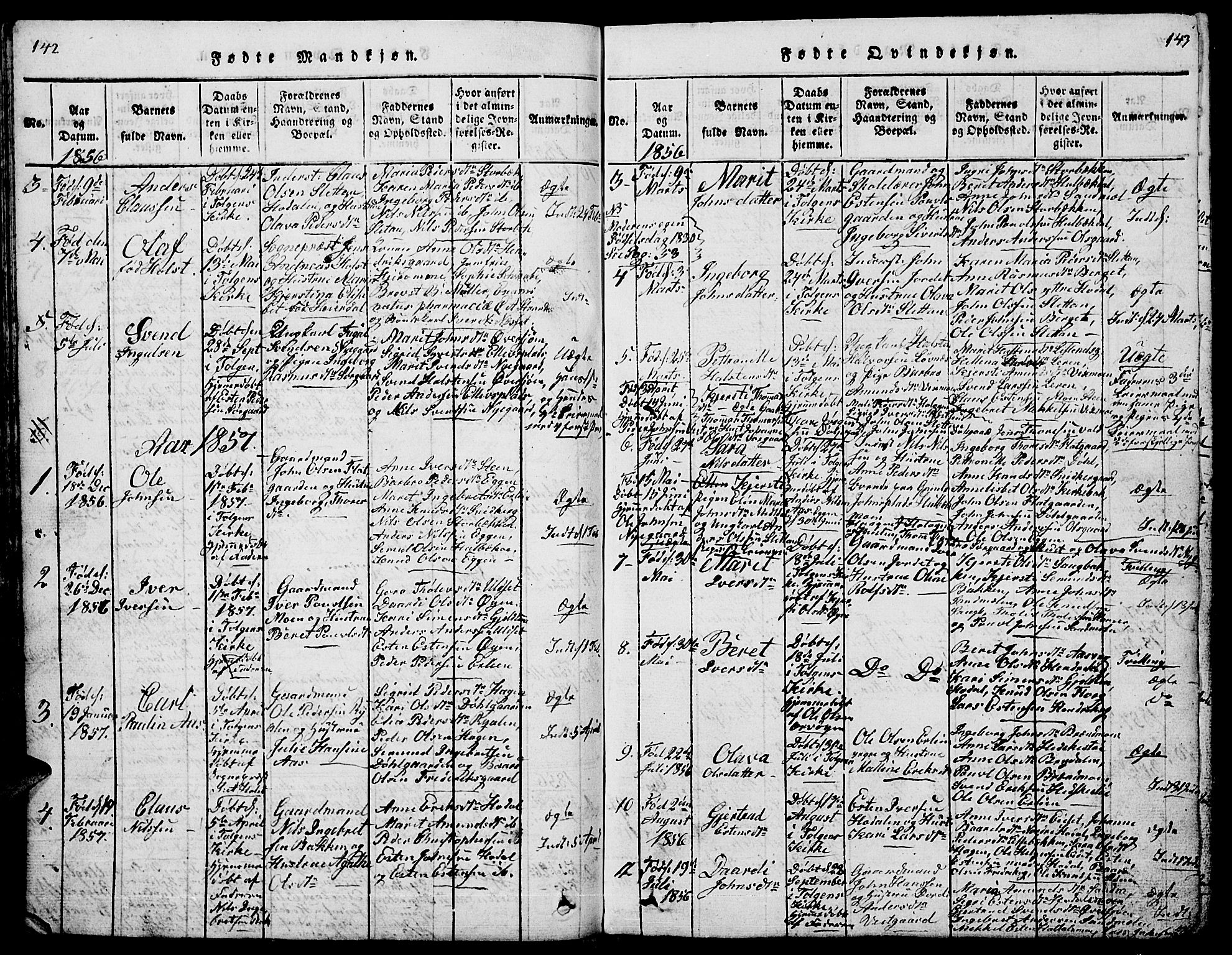 Tolga prestekontor, AV/SAH-PREST-062/L/L0001: Parish register (copy) no. 1, 1814-1877, p. 142-143