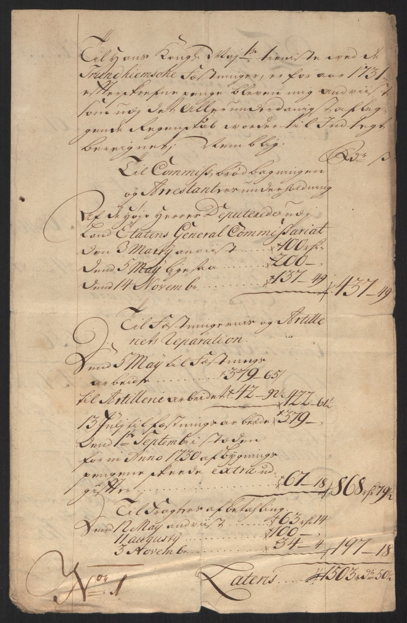 Rentekammeret inntil 1814, Reviderte regnskaper, Militære regnskaper, AV/RA-EA-4069/Rd/L0649: Trondheim festningsregnskaper, 1731