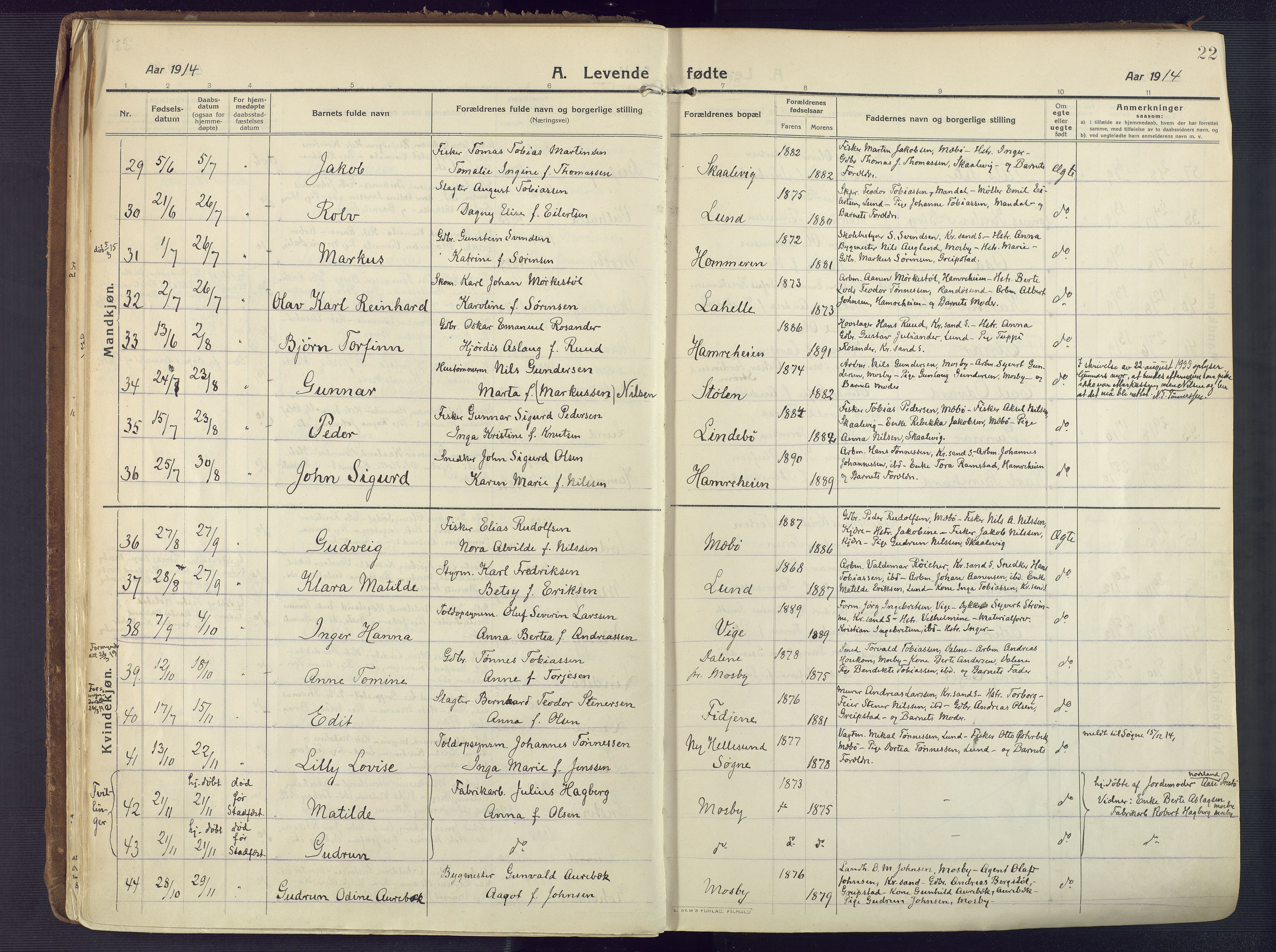 Oddernes sokneprestkontor, AV/SAK-1111-0033/F/Fa/Faa/L0012: Parish register (official) no. A 12, 1912-1925, p. 22