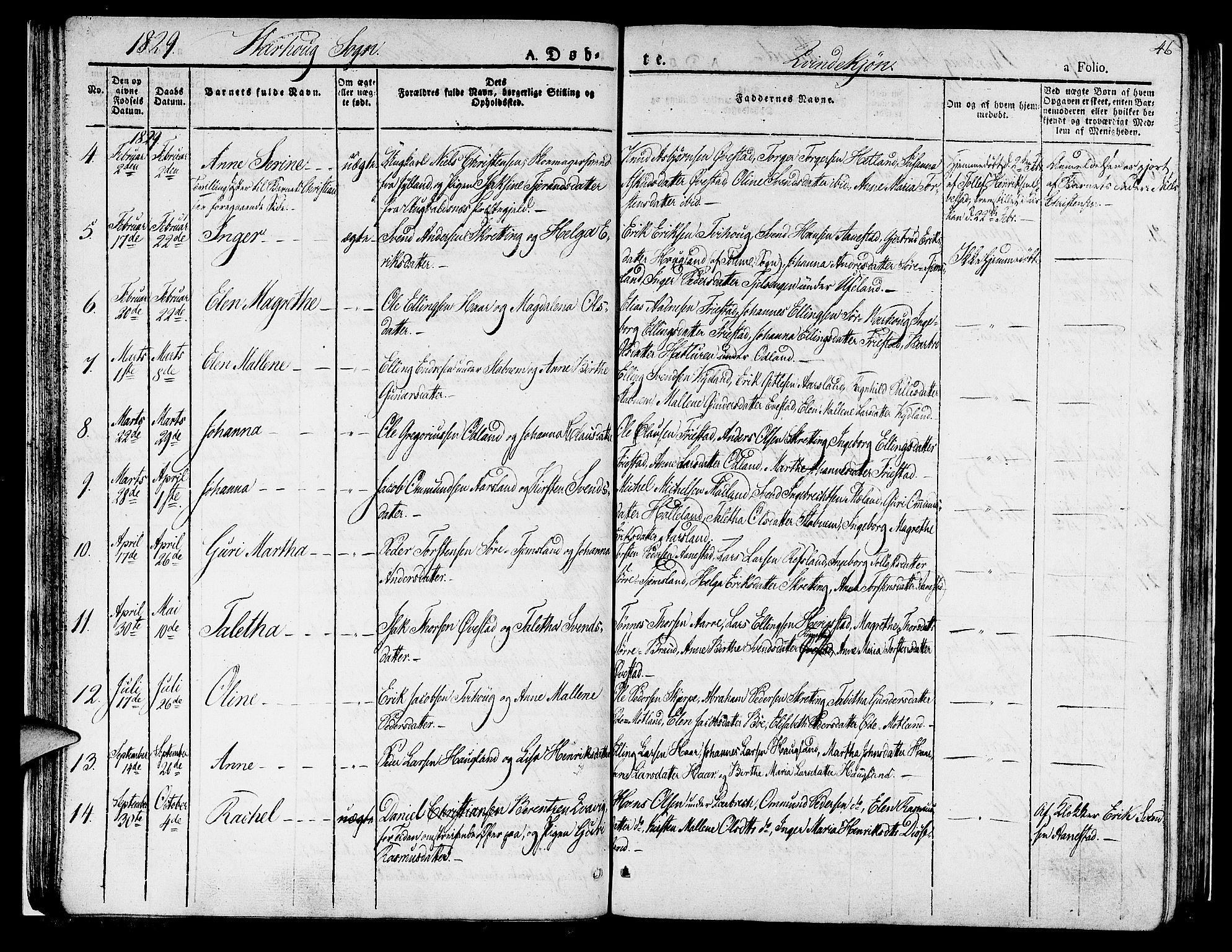 Hå sokneprestkontor, AV/SAST-A-101801/001/30BA/L0004: Parish register (official) no. A 4.1 /2, 1826-1841, p. 46