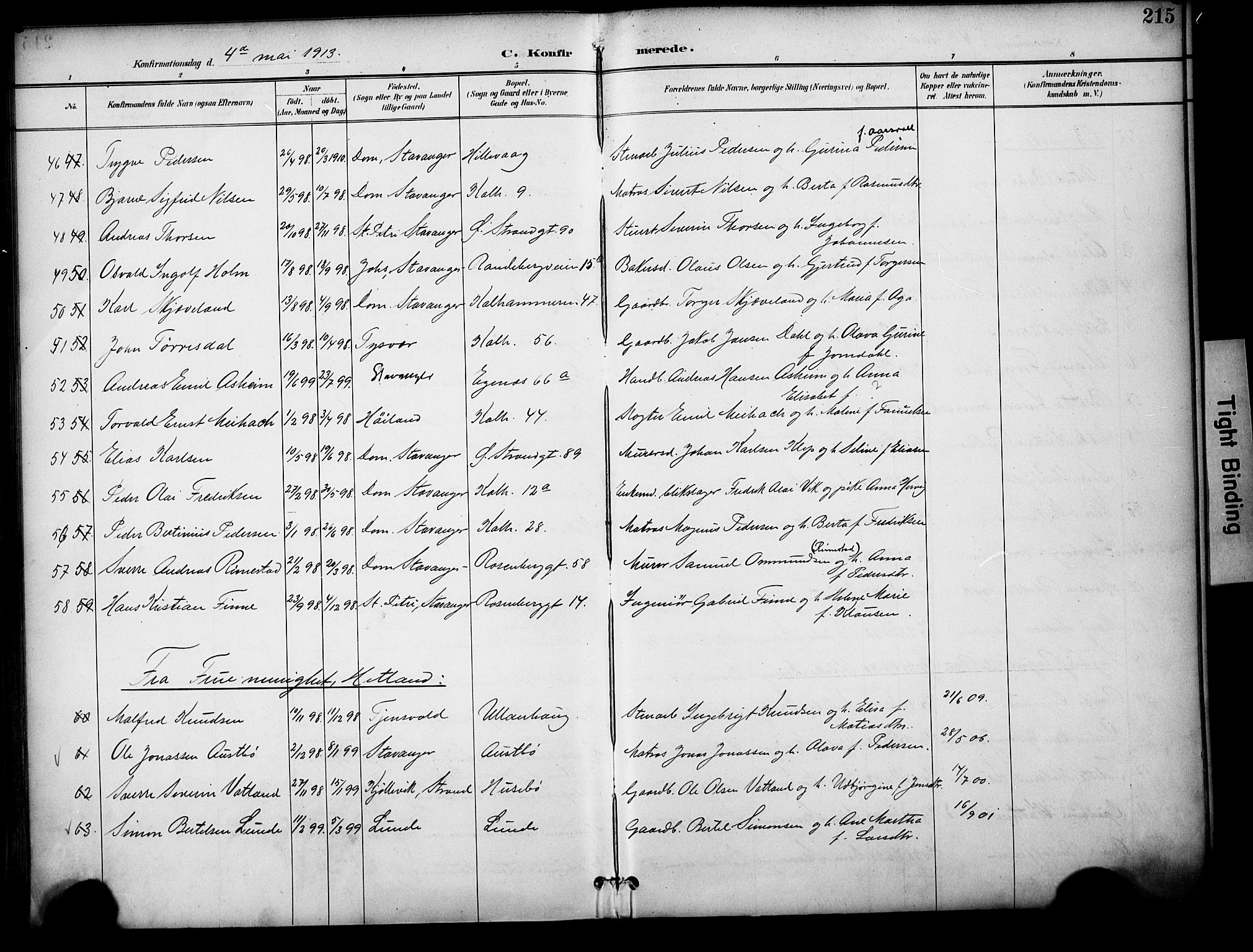 Domkirken sokneprestkontor, AV/SAST-A-101812/001/30/30BA/L0031: Parish register (official) no. A 30, 1896-1916, p. 215