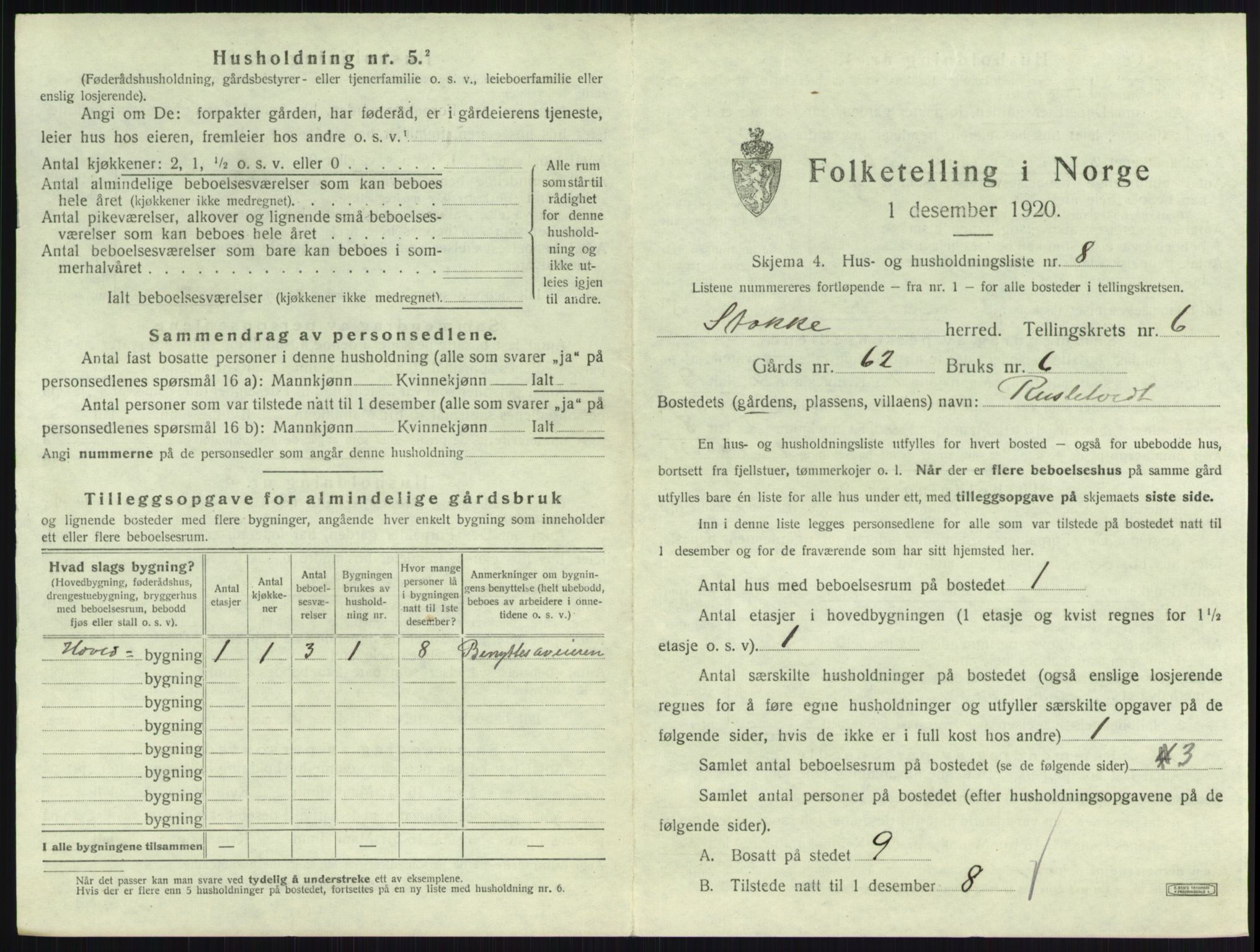 SAKO, 1920 census for Stokke, 1920, p. 1114