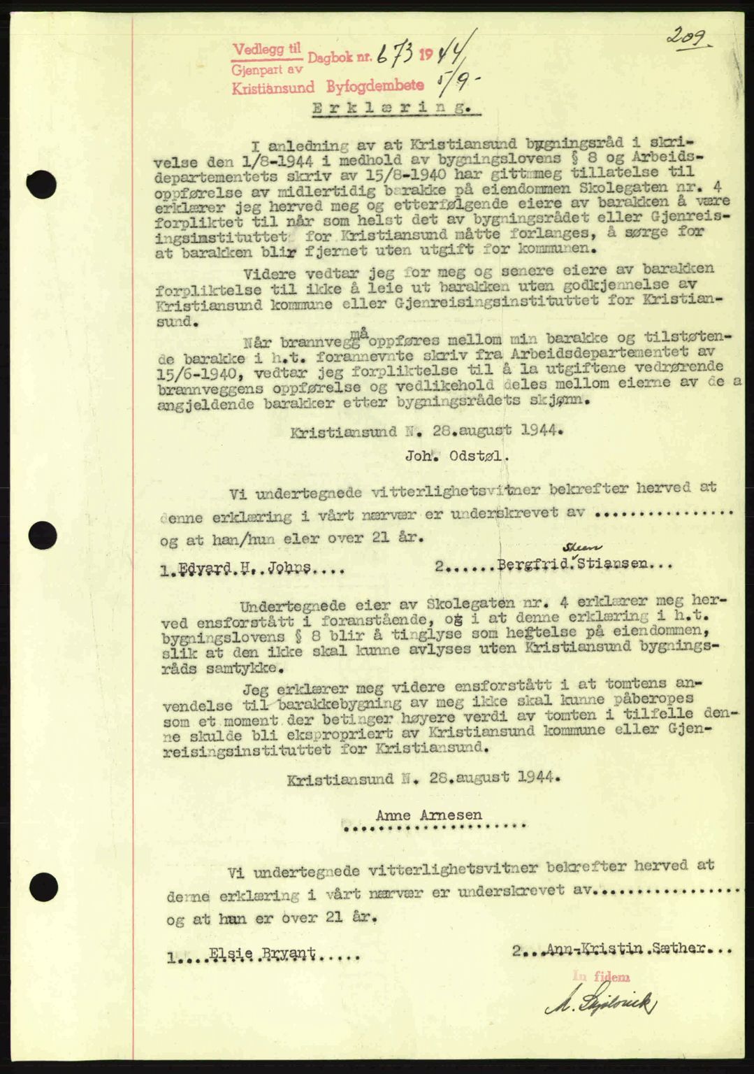 Kristiansund byfogd, SAT/A-4587/A/27: Mortgage book no. 37-38, 1943-1945, Diary no: : 673/1944