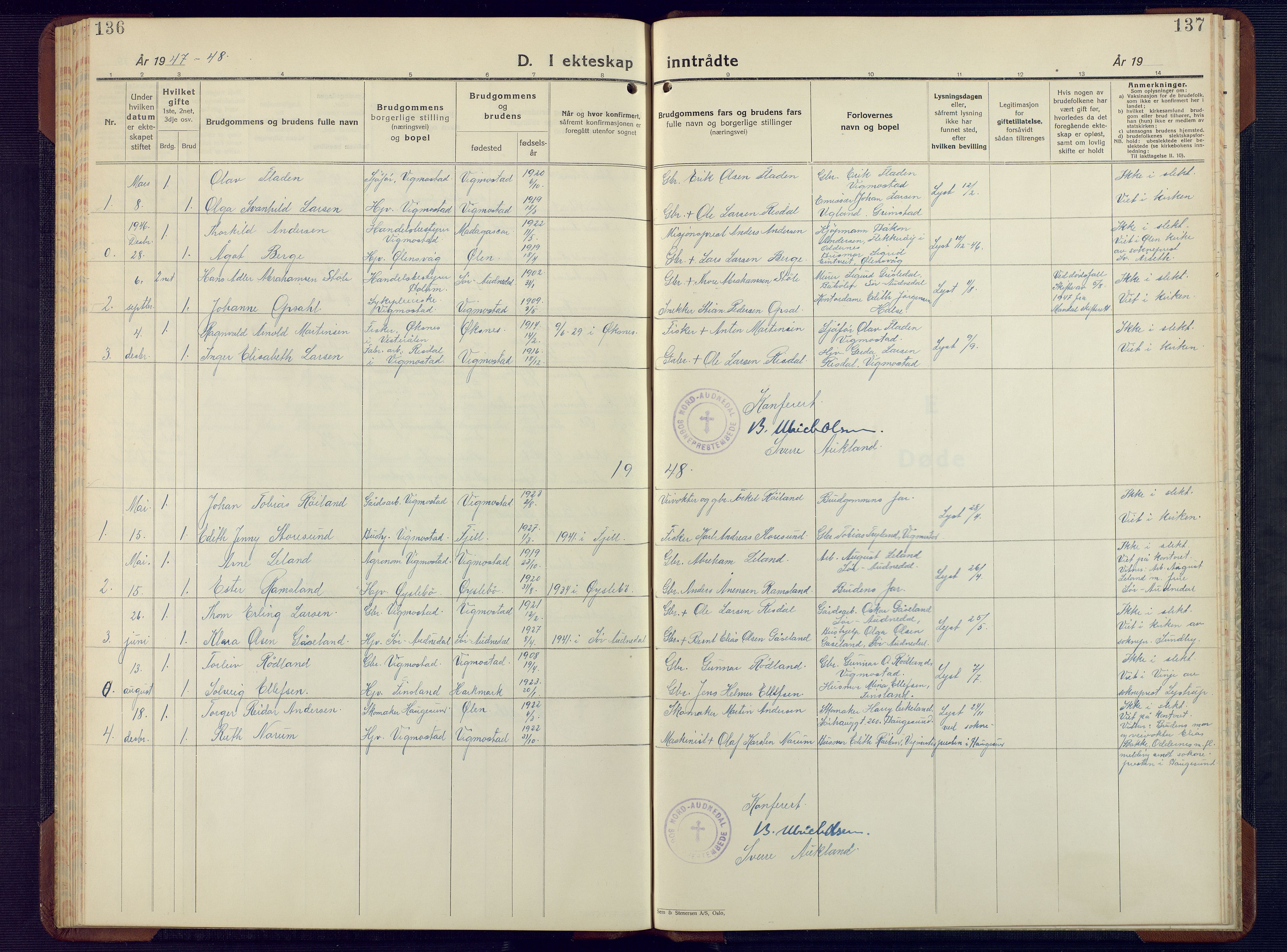 Nord-Audnedal sokneprestkontor, AV/SAK-1111-0032/F/Fb/Fbb/L0006: Parish register (copy) no. B 6, 1930-1948, p. 136-137