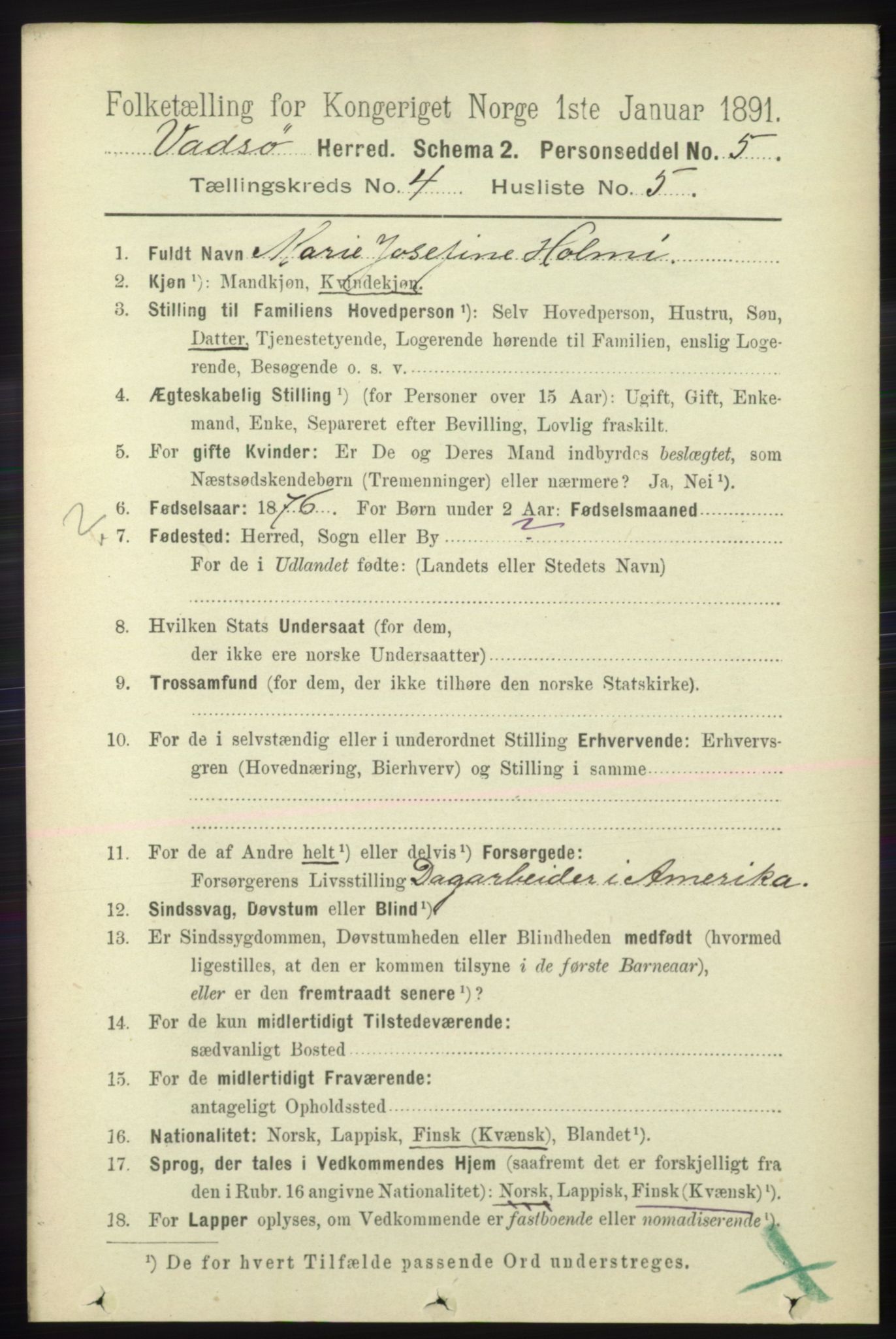 RA, 1891 census for 2029 Vadsø, 1891, p. 1230