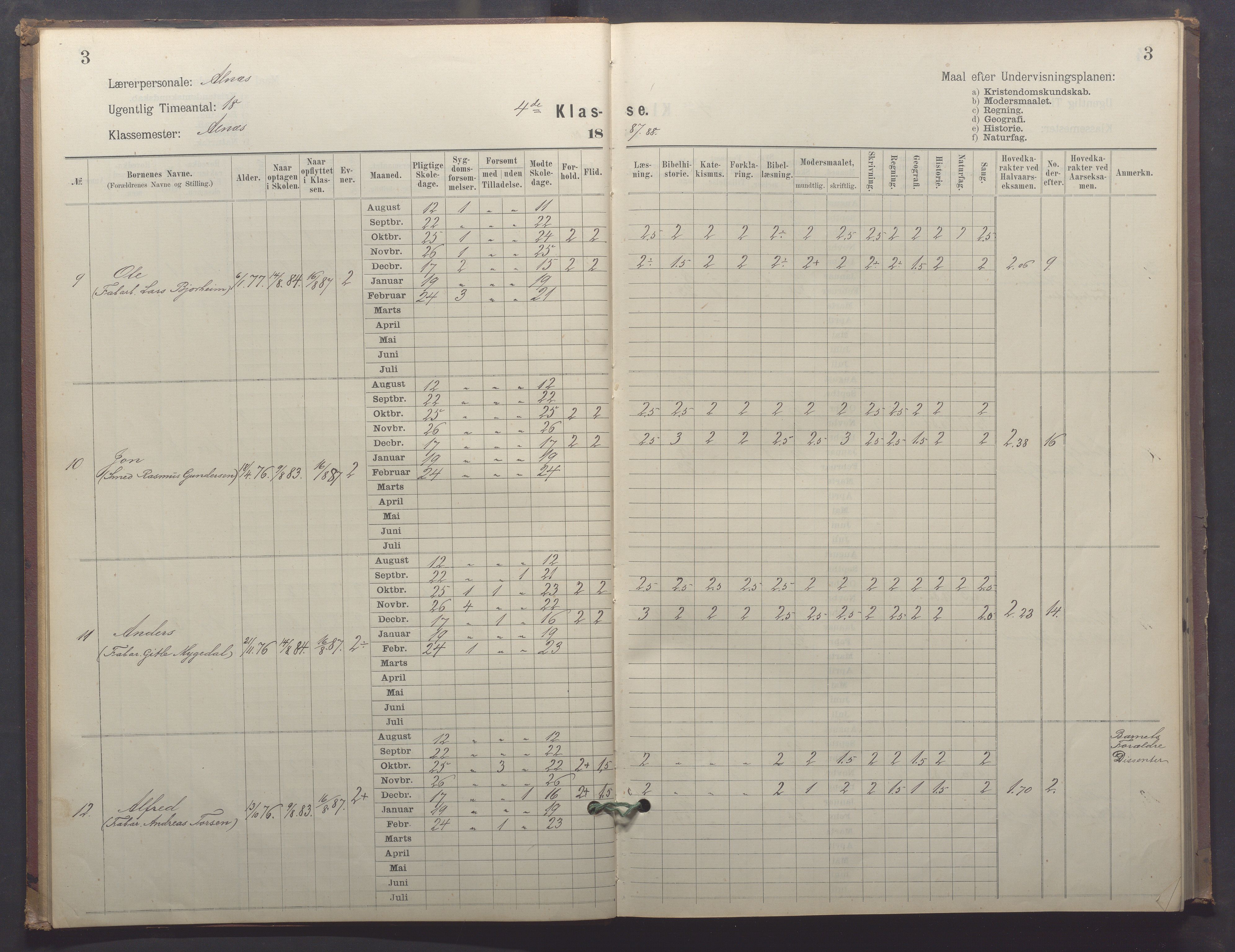 Egersund kommune (Ladested) - Egersund almueskole/folkeskole, IKAR/K-100521/H/L0025: Skoleprotokoll - Almueskolen, 4. klasse, 1887-1892, p. 3