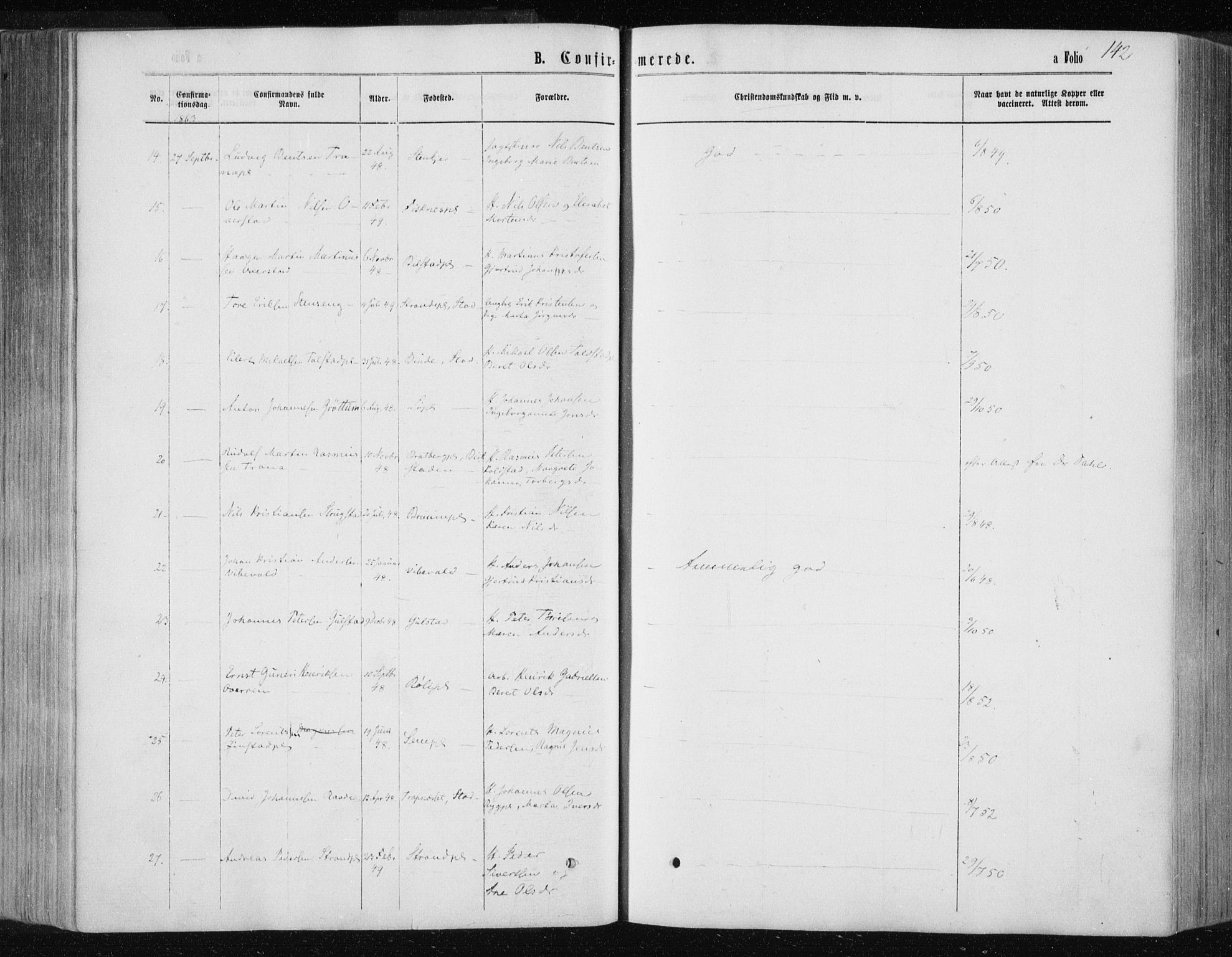 Ministerialprotokoller, klokkerbøker og fødselsregistre - Nord-Trøndelag, AV/SAT-A-1458/735/L0345: Parish register (official) no. 735A08 /1, 1863-1872, p. 142