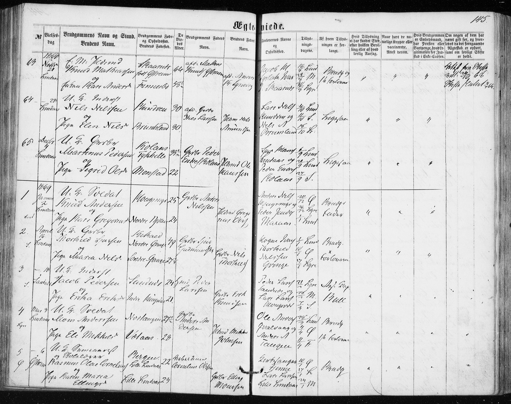 Lindås Sokneprestembete, SAB/A-76701/H/Haa: Parish register (official) no. A 16, 1863-1875, p. 145