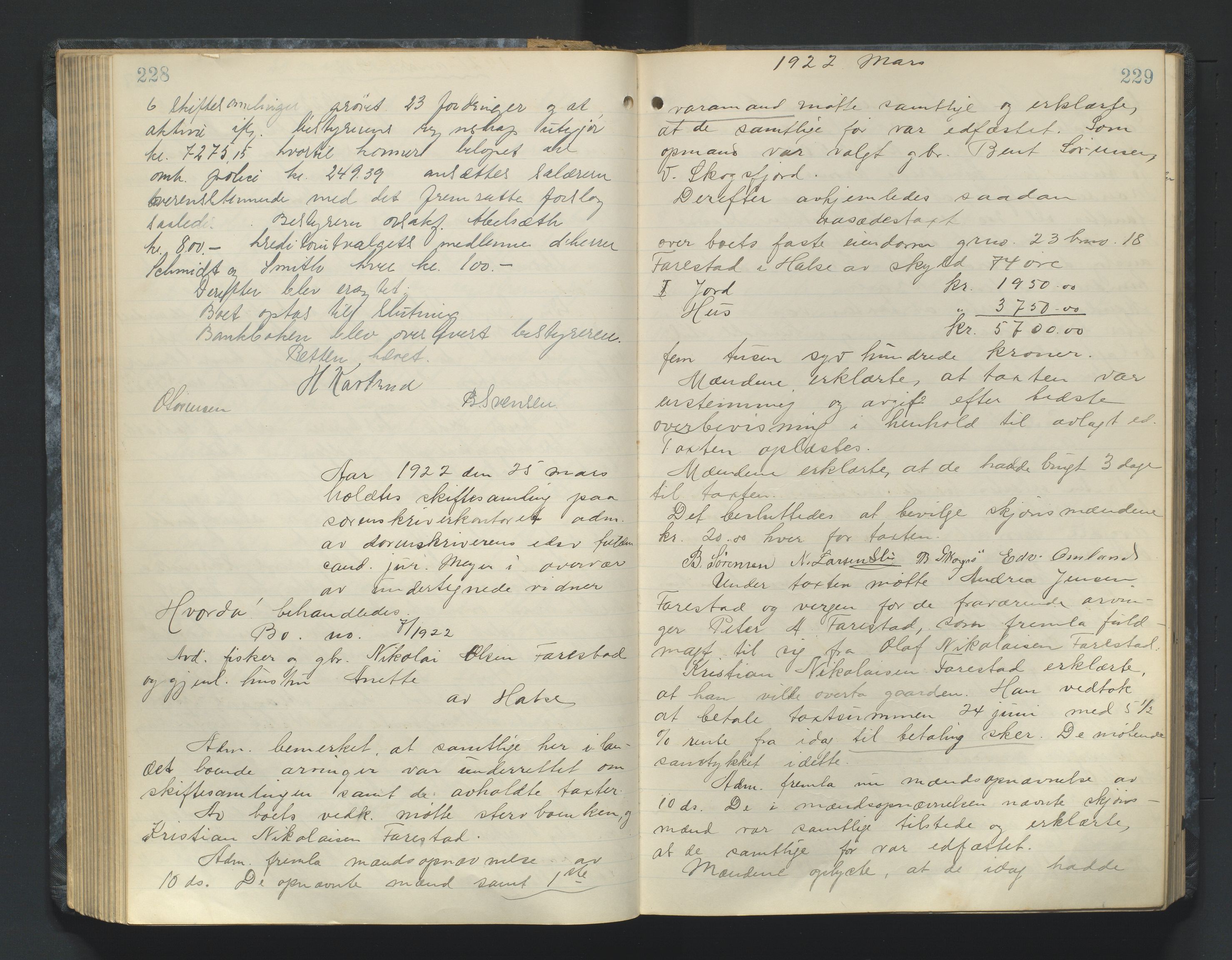 Mandal sorenskriveri, AV/SAK-1221-0005/001/H/Hc/L0084: Skifteforhandlingsprotokoll nr 16, 1921-1924, p. 228-229