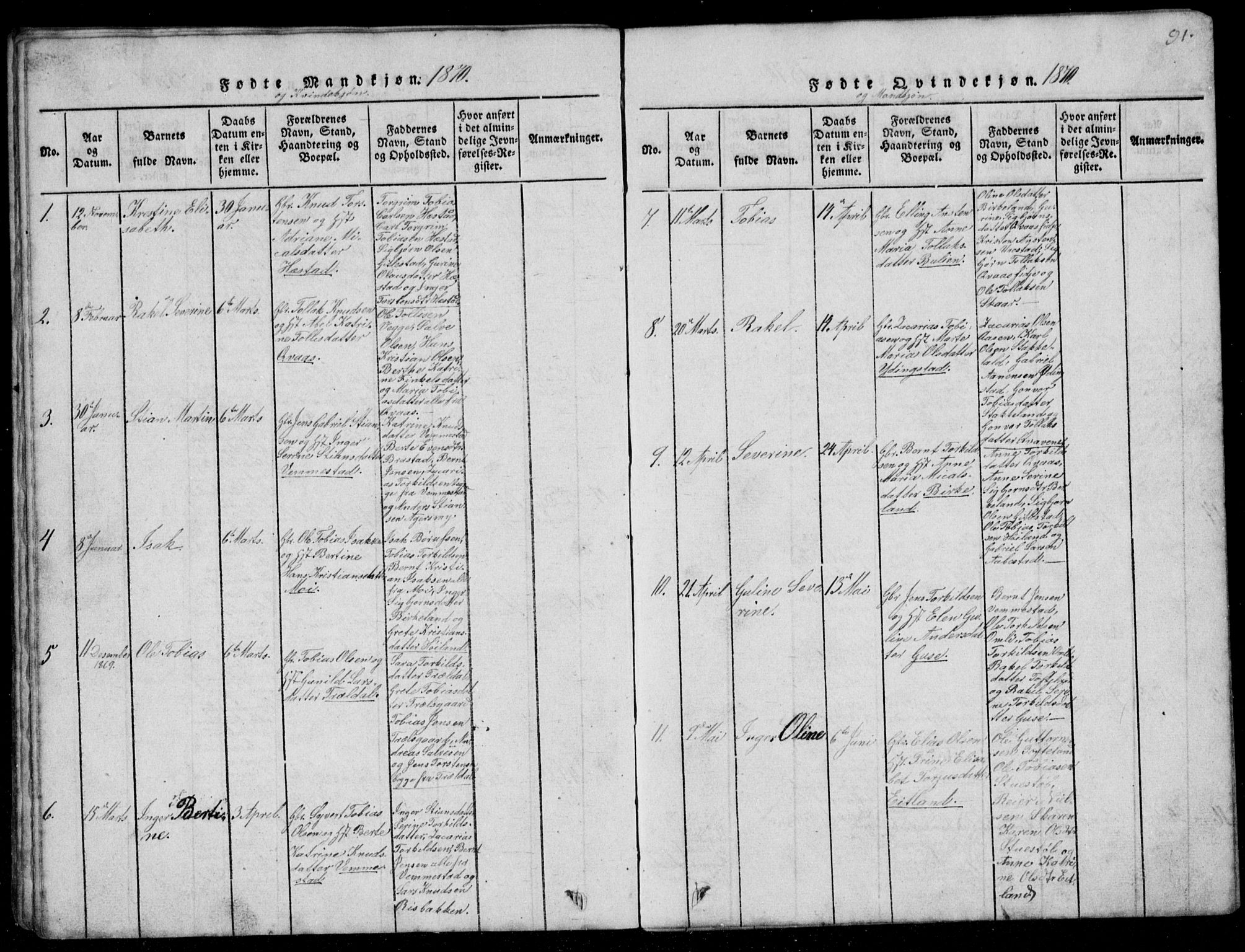 Lyngdal sokneprestkontor, AV/SAK-1111-0029/F/Fb/Fbb/L0001: Parish register (copy) no. B 1, 1816-1900, p. 91