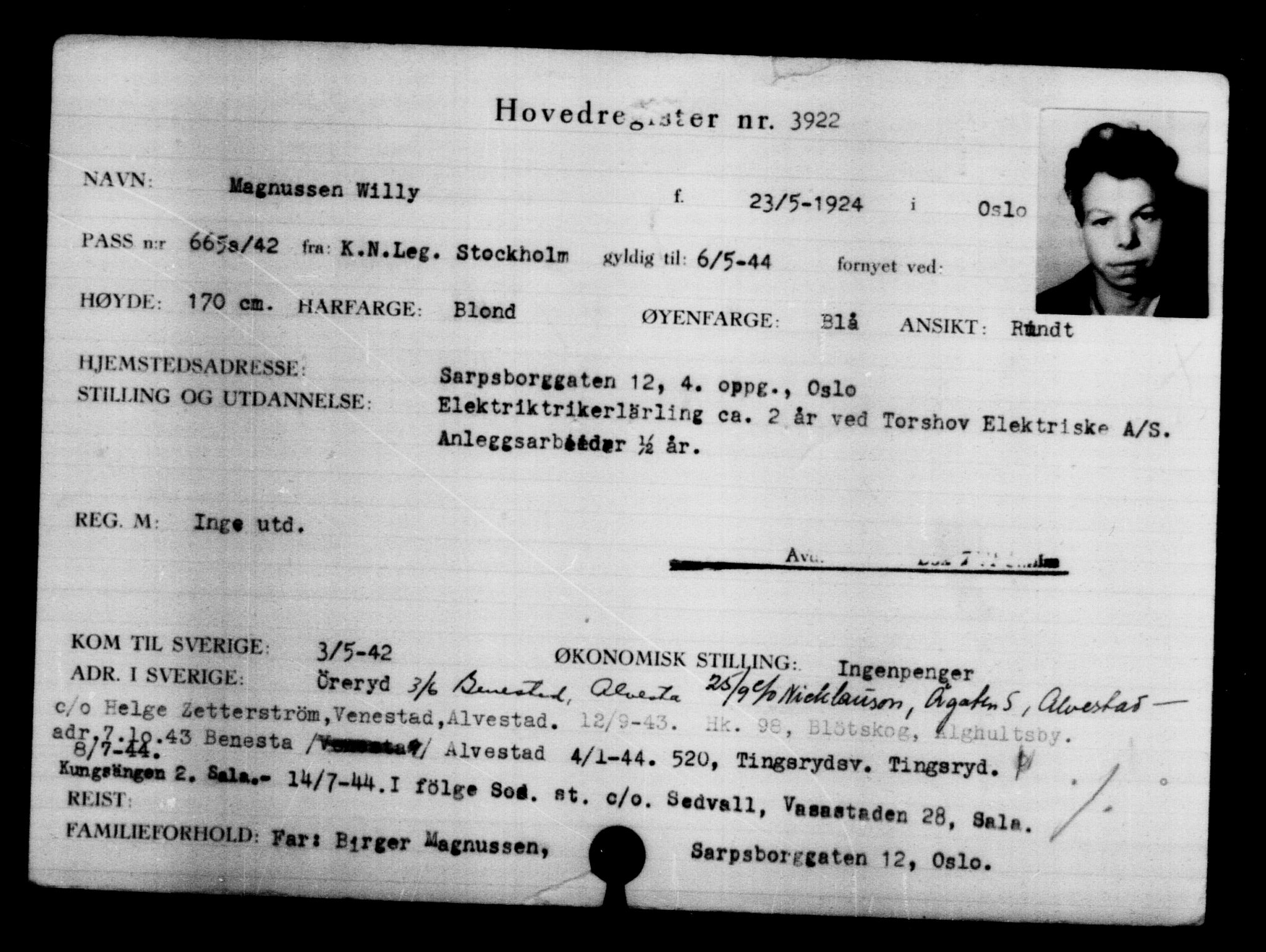 Utenriksstasjonene, Legasjonen i Stockholm, Flyktningkontoret, AV/RA-S-6753/V/Va/L0004: Kjesäterkartoteket, flyktninger med registreringsnr. 3496-6610, 1940-1945, p. 500