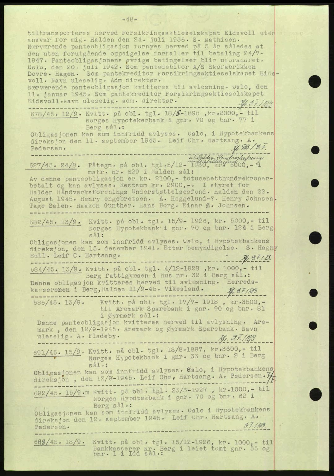 Idd og Marker sorenskriveri, AV/SAO-A-10283/G/Gb/Gbc/L0002: Mortgage book no. B4-9a, 1939-1945, Diary no: : 678/1945