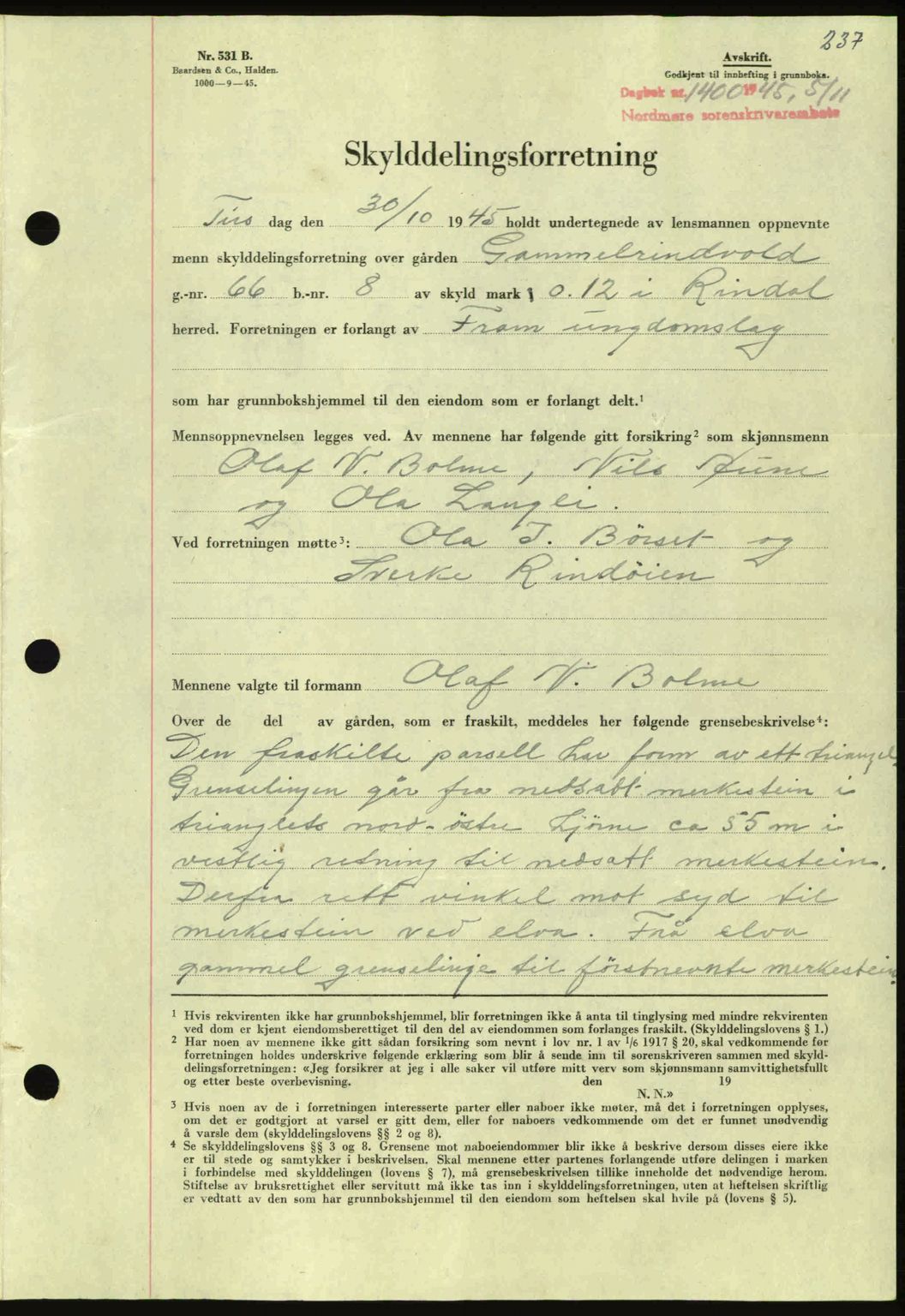 Nordmøre sorenskriveri, AV/SAT-A-4132/1/2/2Ca: Mortgage book no. A100a, 1945-1945, Diary no: : 1400/1945