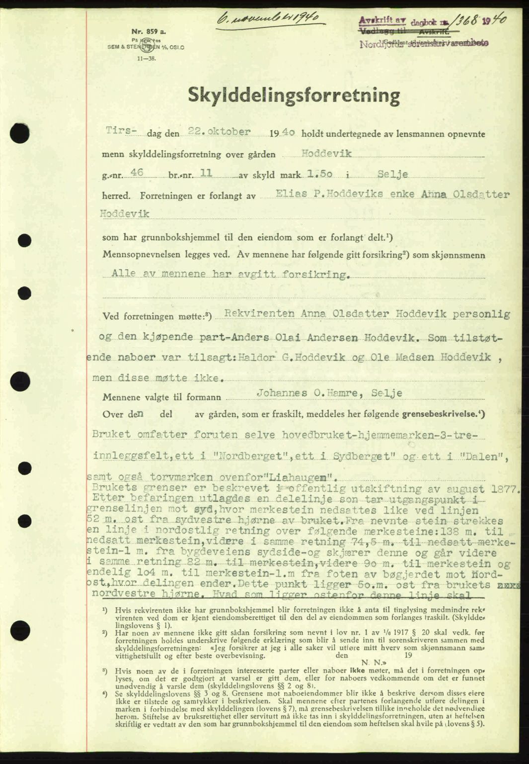 Nordfjord sorenskriveri, AV/SAB-A-2801/02/02b/02bj/L0006: Mortgage book no. A6, 1940-1941, Diary no: : 1368/1940