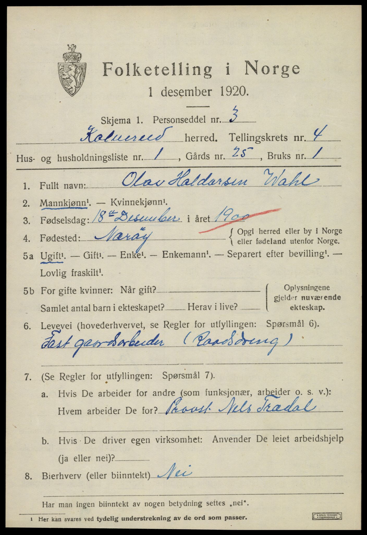 SAT, 1920 census for Kolvereid, 1920, p. 2457