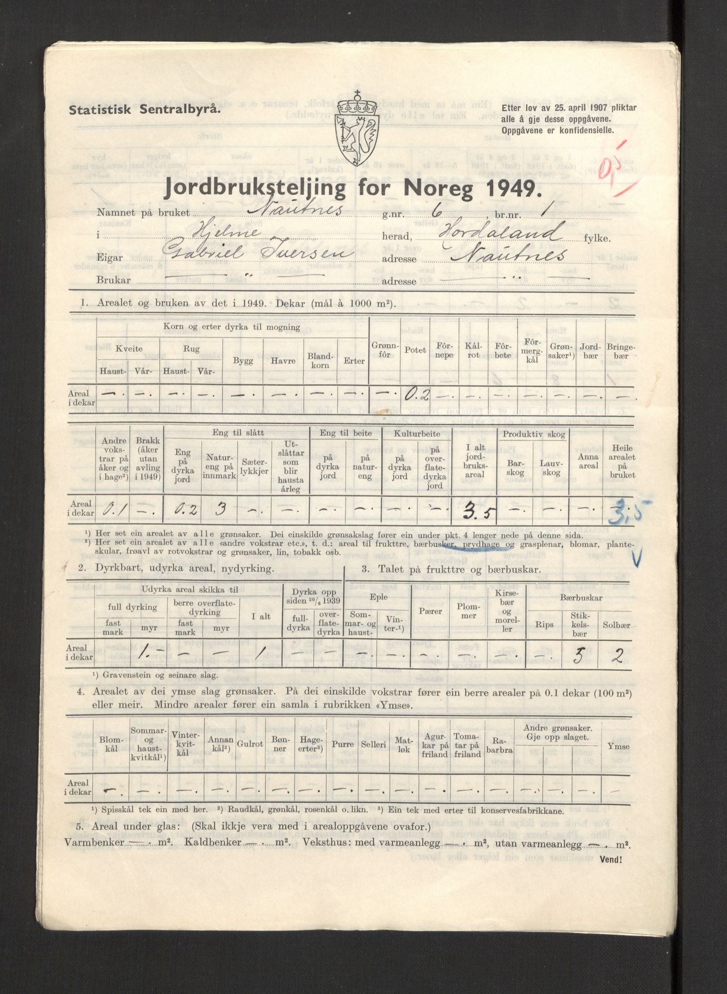 Statistisk sentralbyrå, Næringsøkonomiske emner, Jordbruk, skogbruk, jakt, fiske og fangst, AV/RA-S-2234/G/Gc/L0276: Hordaland: Herdla og Hjelme, 1949, p. 1124