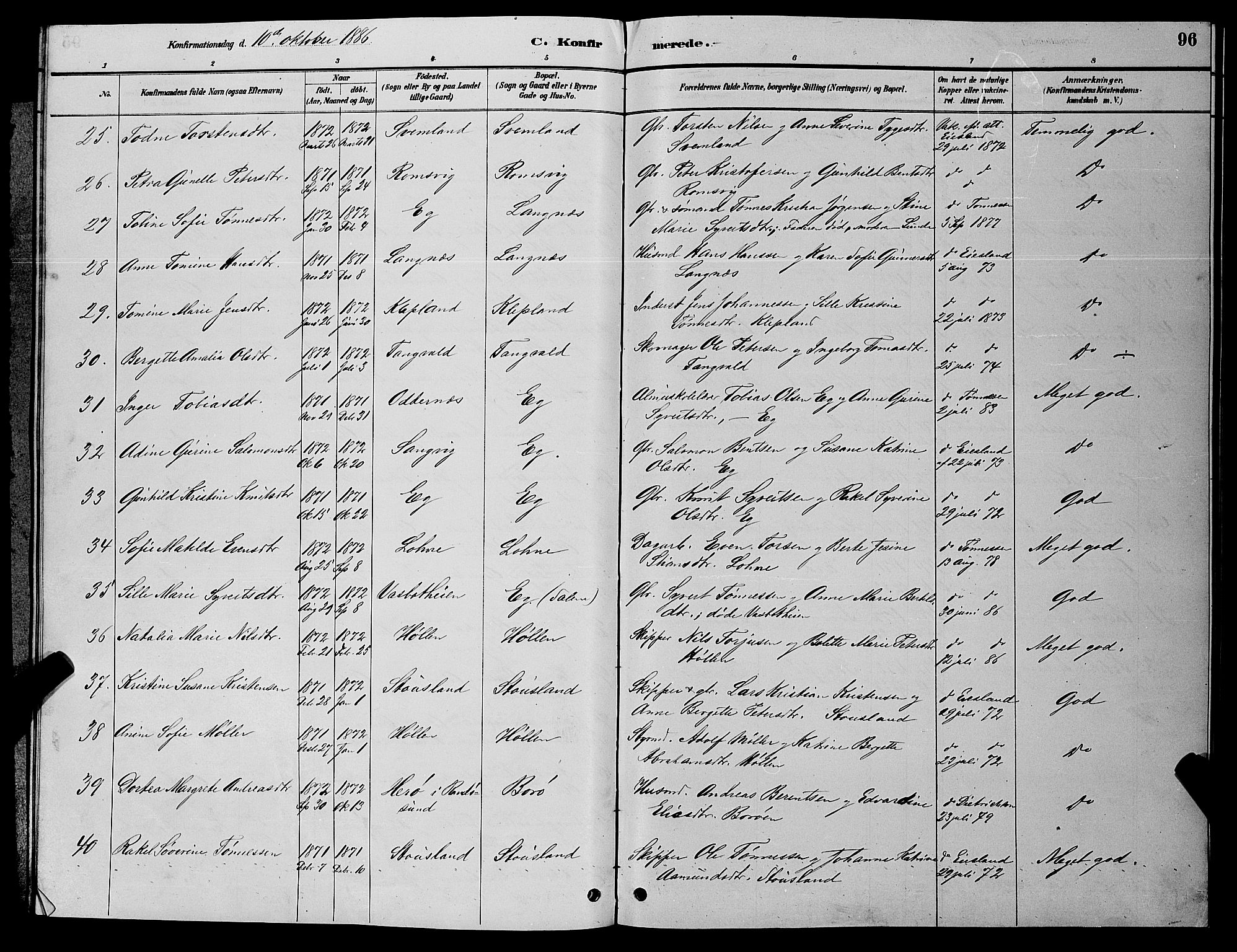 Søgne sokneprestkontor, AV/SAK-1111-0037/F/Fb/Fbb/L0005: Parish register (copy) no. B 5, 1884-1891, p. 96