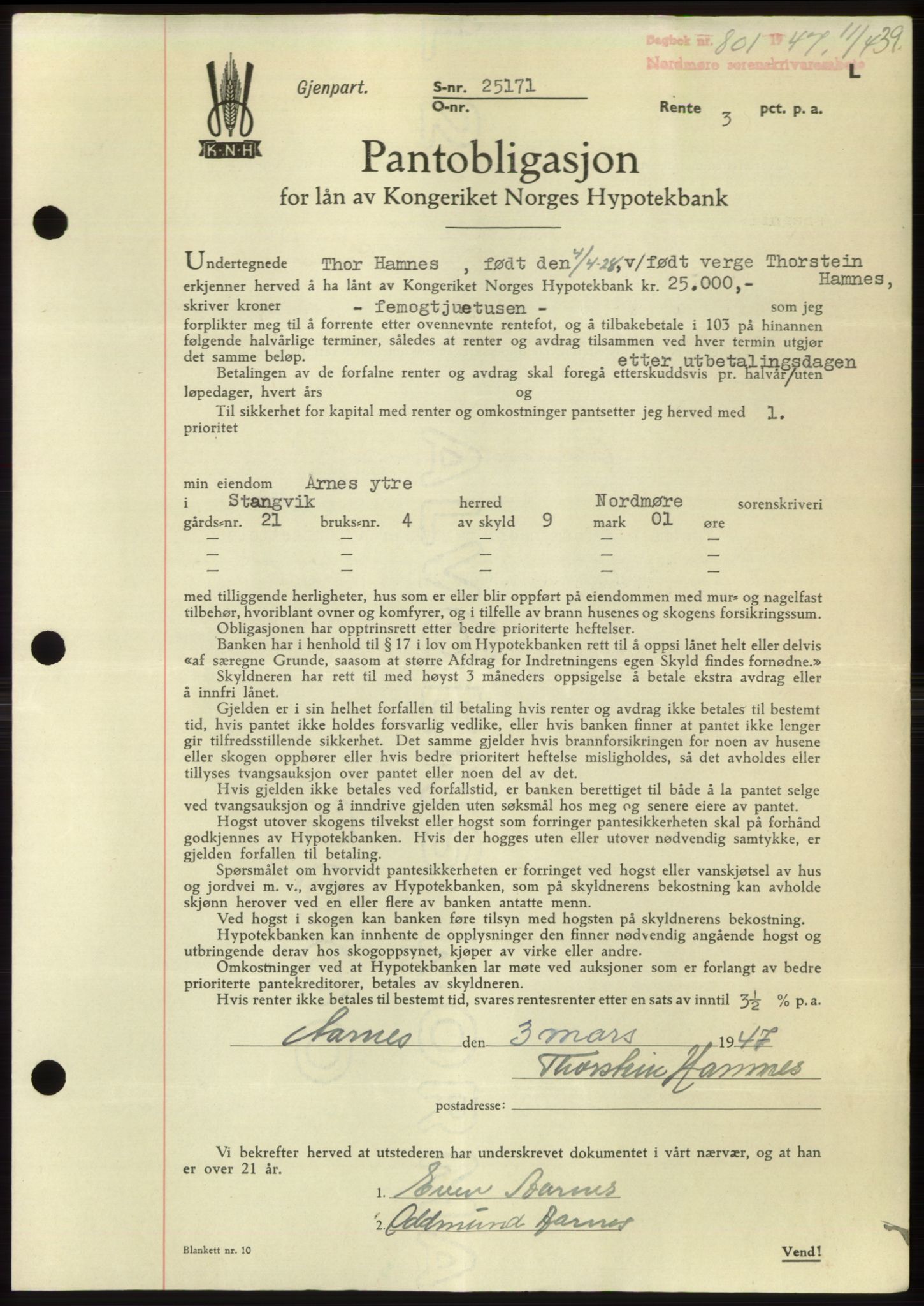 Nordmøre sorenskriveri, AV/SAT-A-4132/1/2/2Ca: Mortgage book no. B96, 1947-1947, Diary no: : 801/1947