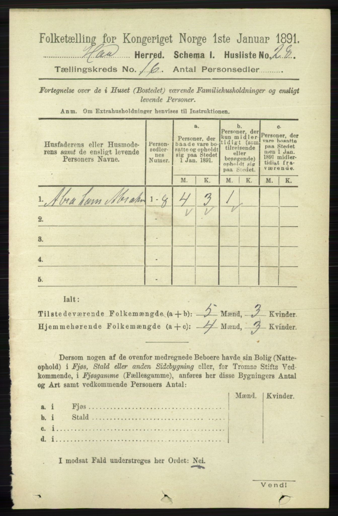 RA, 1891 census for 1119 Hå, 1891, p. 4017