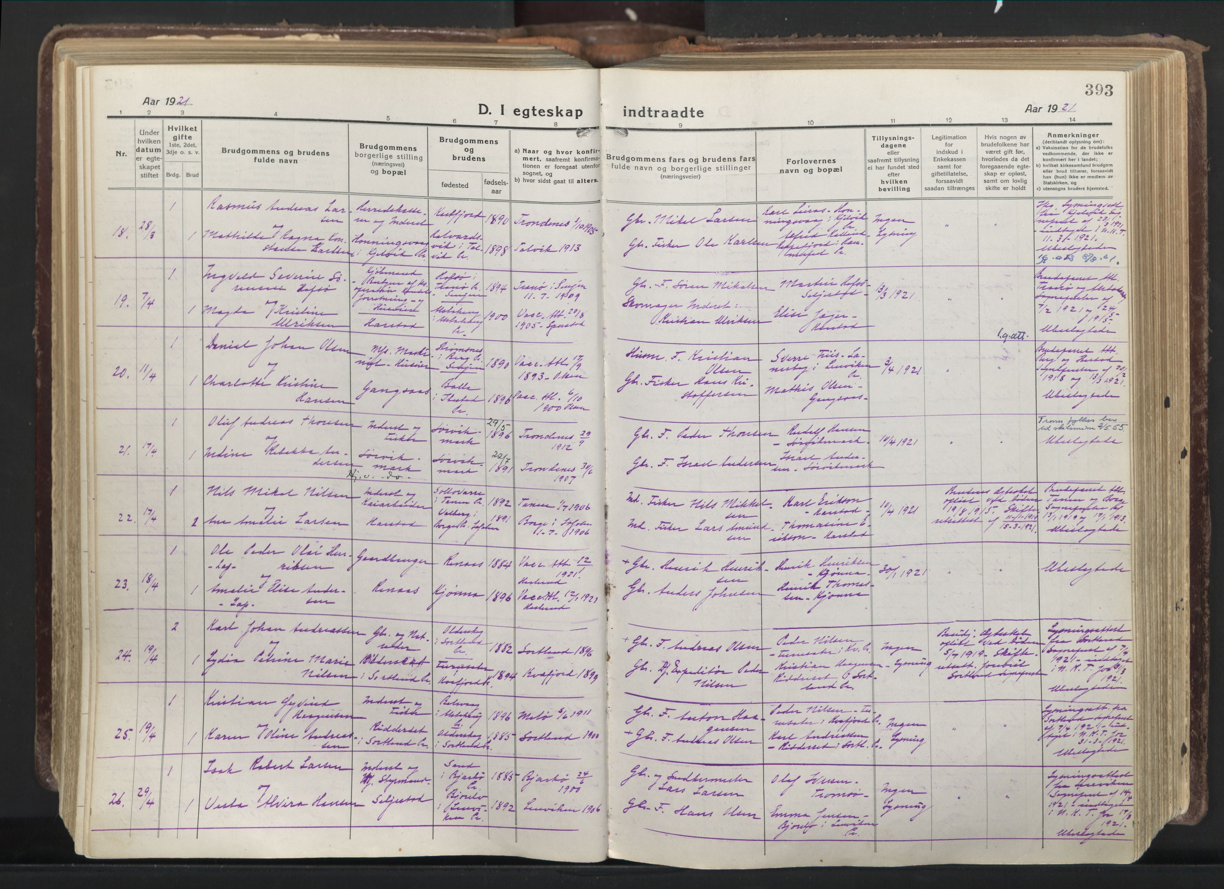 Trondenes sokneprestkontor, AV/SATØ-S-1319/H/Ha/L0019kirke: Parish register (official) no. 19, 1919-1928, p. 393