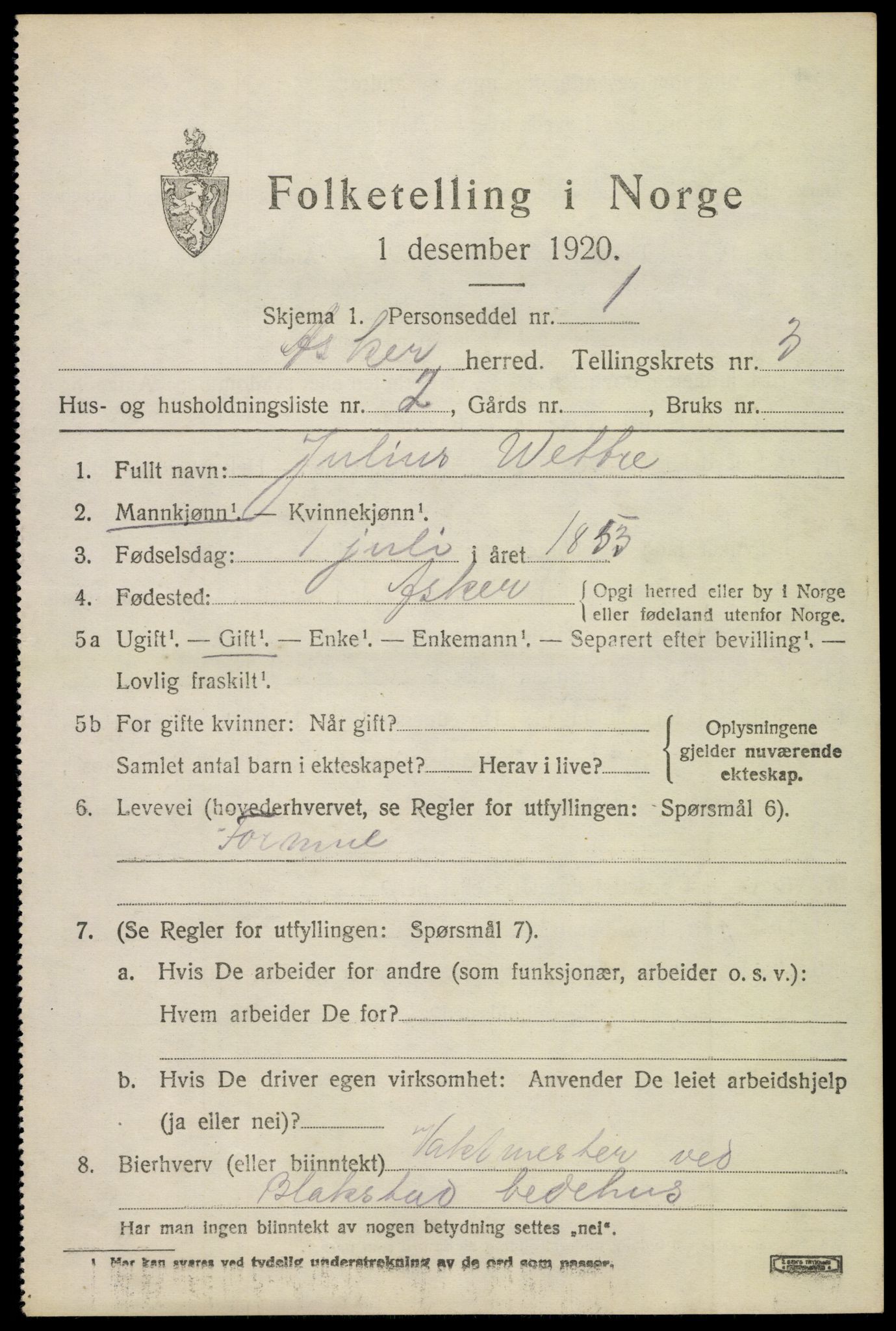 SAO, 1920 census for Asker, 1920, p. 8176