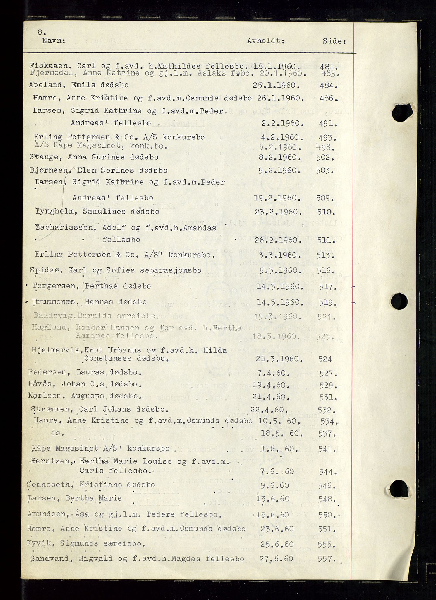 Haugesund tingrett, AV/SAST-A-101415/01/IV/IVC/L0009: Skifteforhandlingsprotokoll, med register, 1953-1965, p. 8