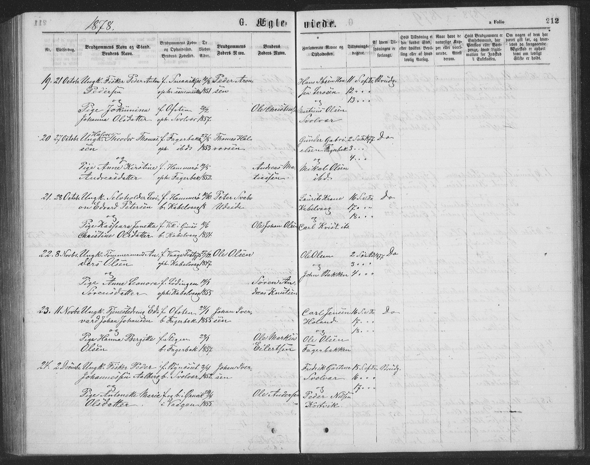 Ministerialprotokoller, klokkerbøker og fødselsregistre - Nordland, AV/SAT-A-1459/874/L1075: Parish register (copy) no. 874C04, 1876-1883, p. 212