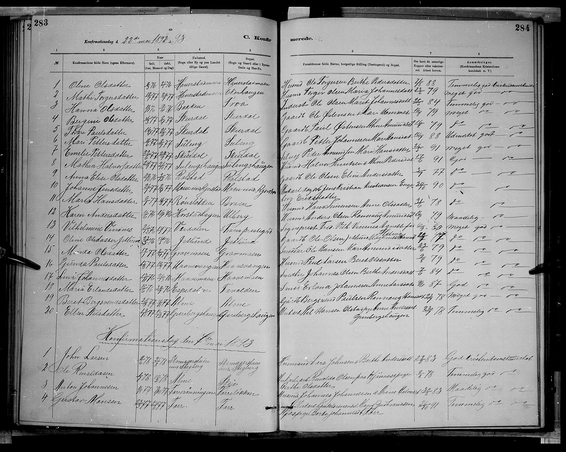 Sør-Fron prestekontor, SAH/PREST-010/H/Ha/Hab/L0003: Parish register (copy) no. 3, 1884-1896, p. 283-284