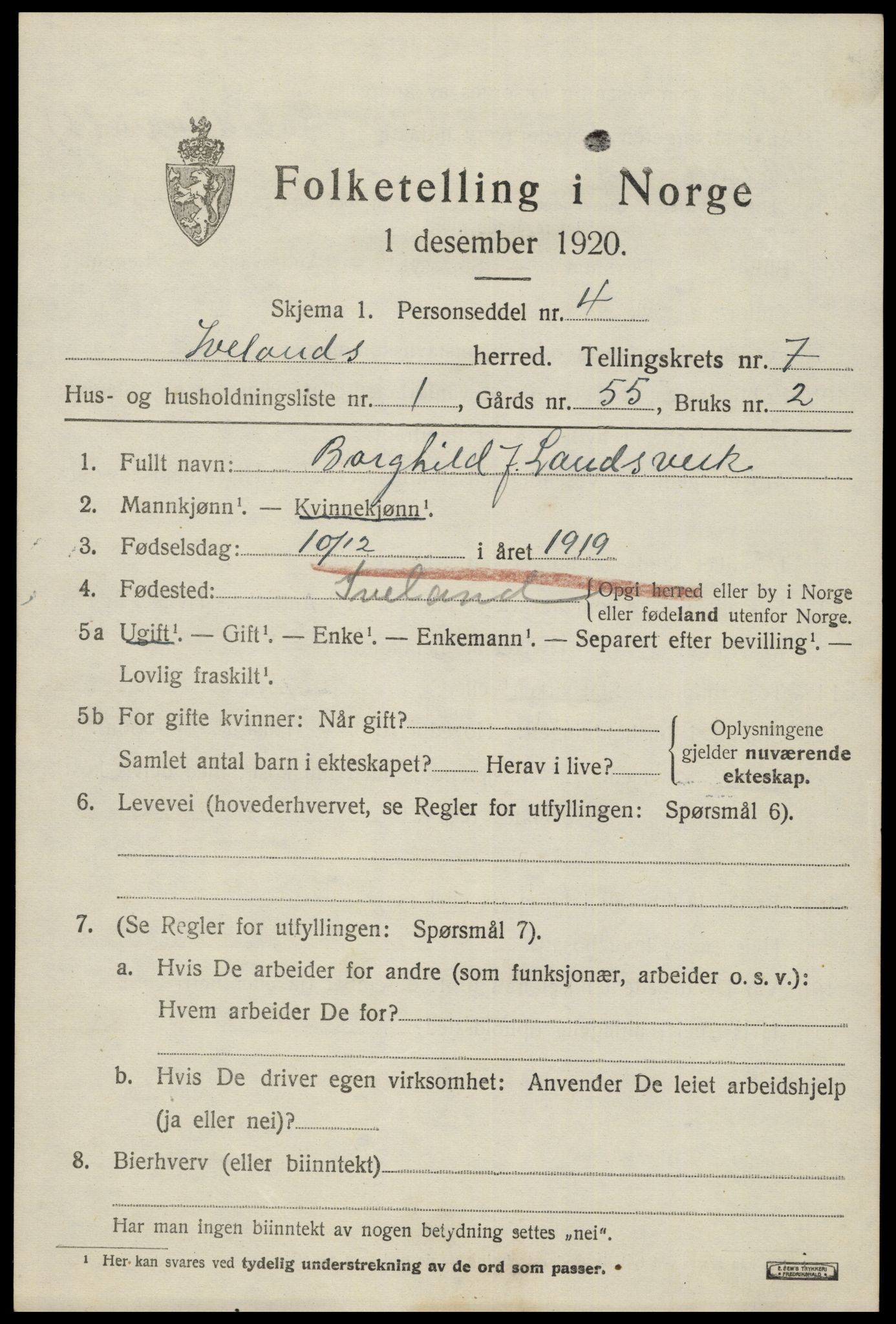 SAK, 1920 census for Iveland, 1920, p. 2129