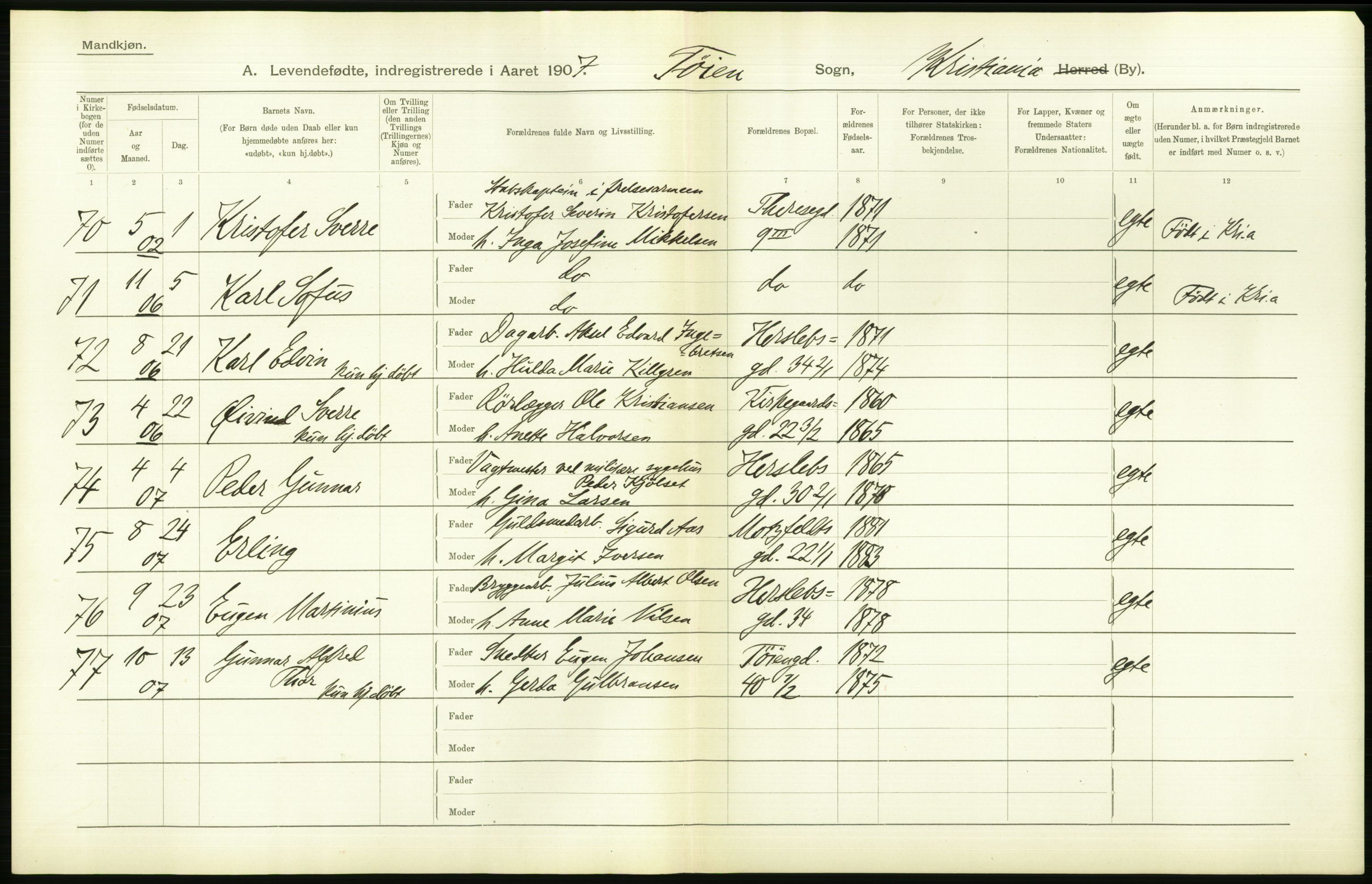 Statistisk sentralbyrå, Sosiodemografiske emner, Befolkning, AV/RA-S-2228/D/Df/Dfa/Dfae/L0007: Kristiania: Levendefødte menn og kvinner., 1907, p. 624