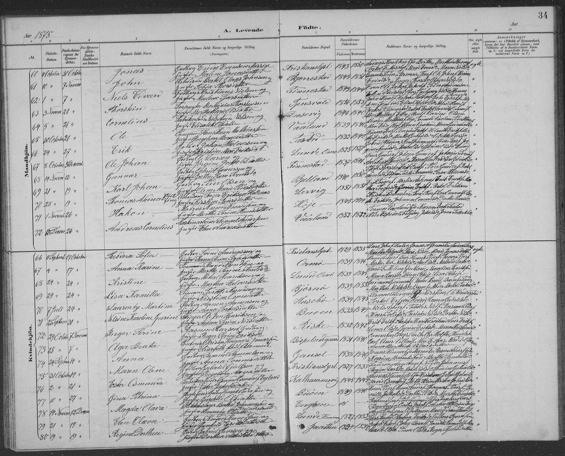 Hetland sokneprestkontor, SAST/A-101826/30/30BB/L0004: Parish register (copy) no. B 4, 1869-1877, p. 34