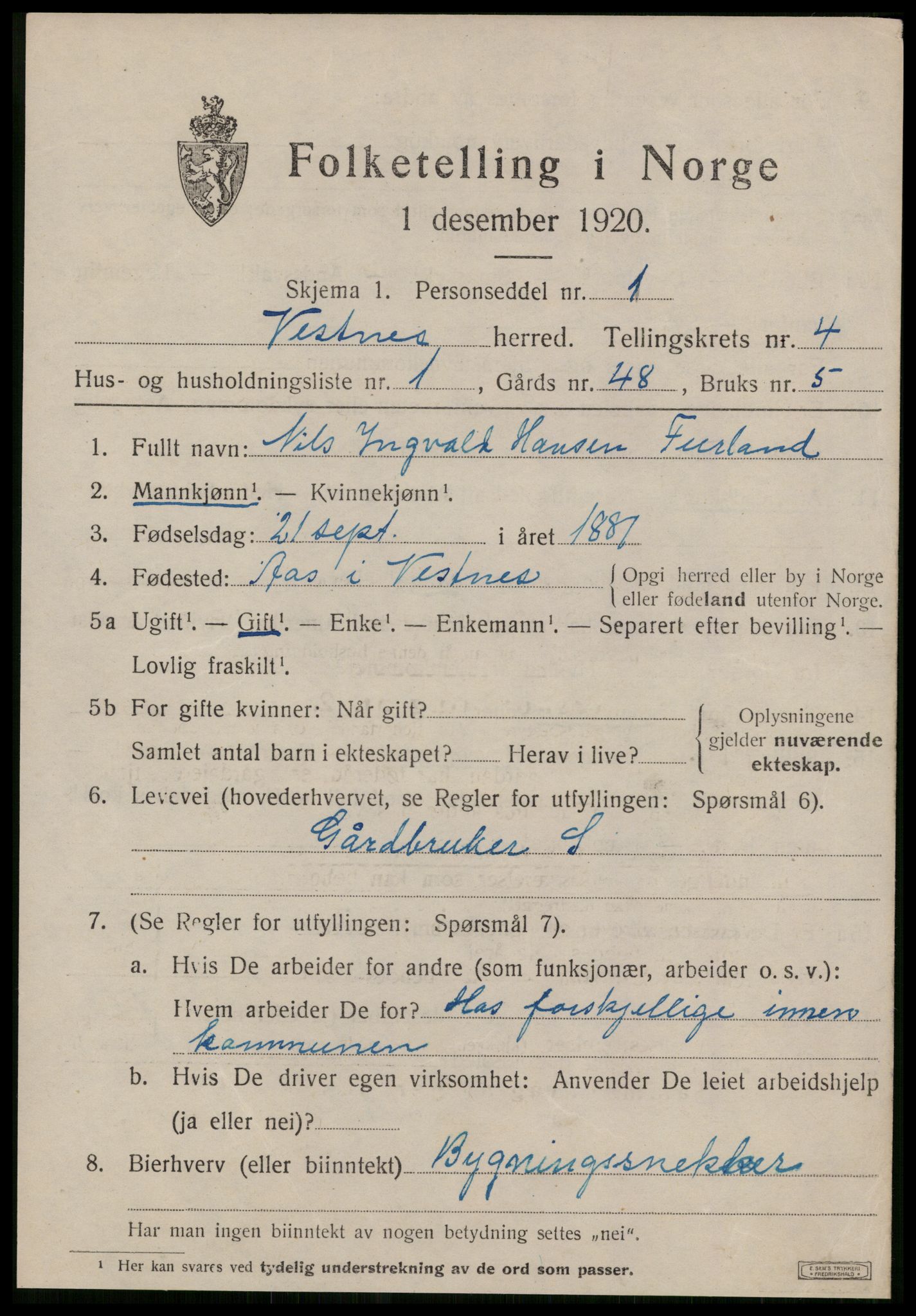 SAT, 1920 census for Vestnes, 1920, p. 3401