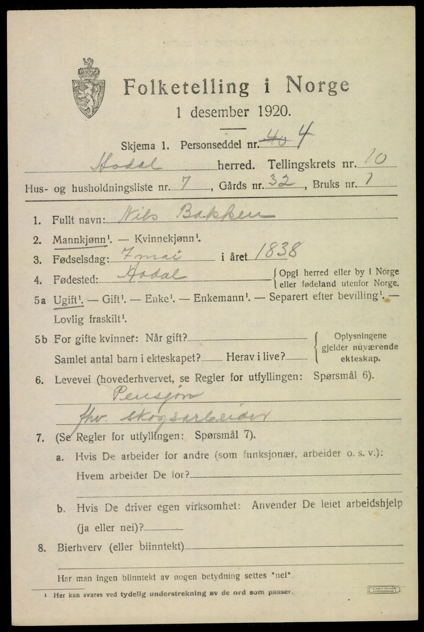 SAKO, 1920 census for Ådal, 1920, p. 6606