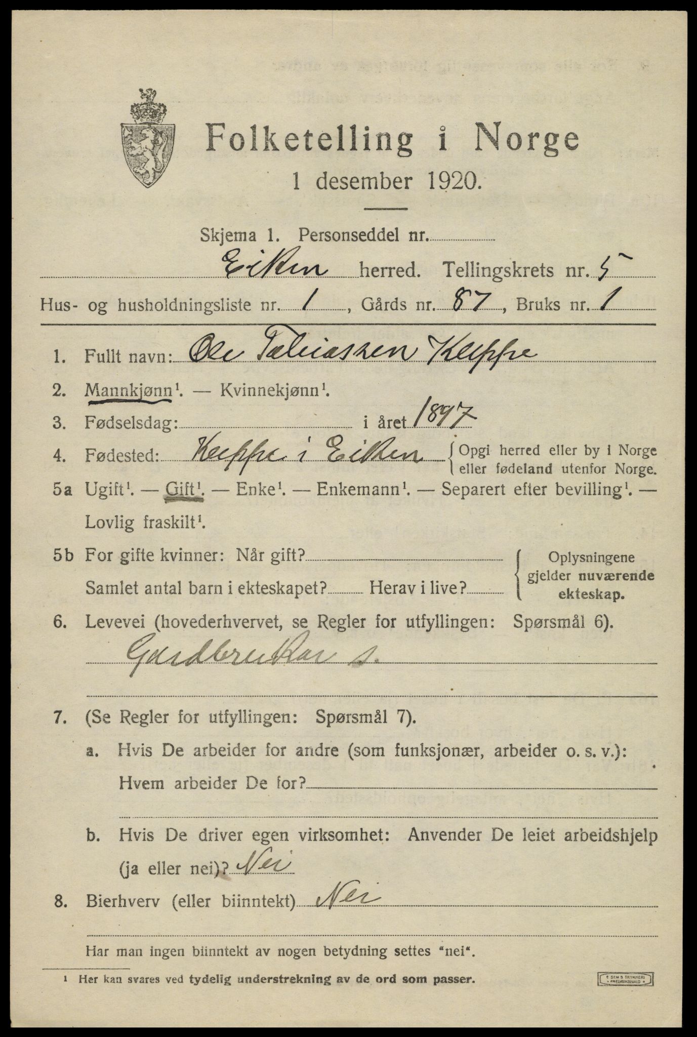 SAK, 1920 census for Eiken, 1920, p. 1659