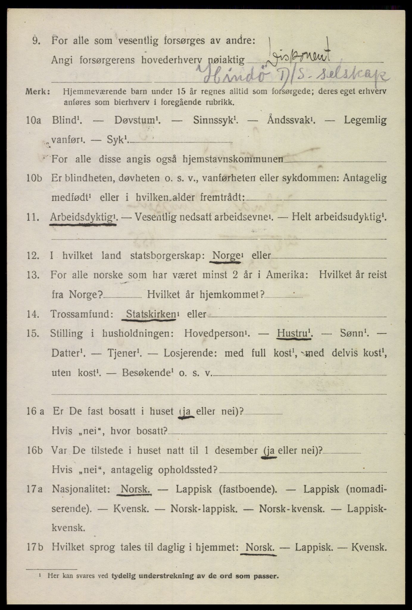 SAT, 1920 census for Sortland, 1920, p. 9929