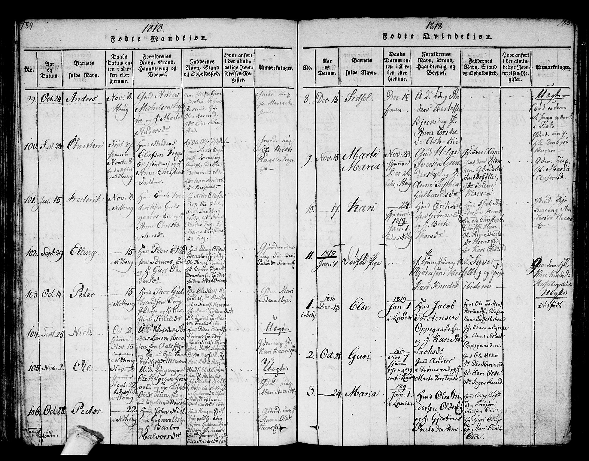 Norderhov kirkebøker, AV/SAKO-A-237/F/Fa/L0008: Parish register (official) no. 8, 1814-1833, p. 184-185