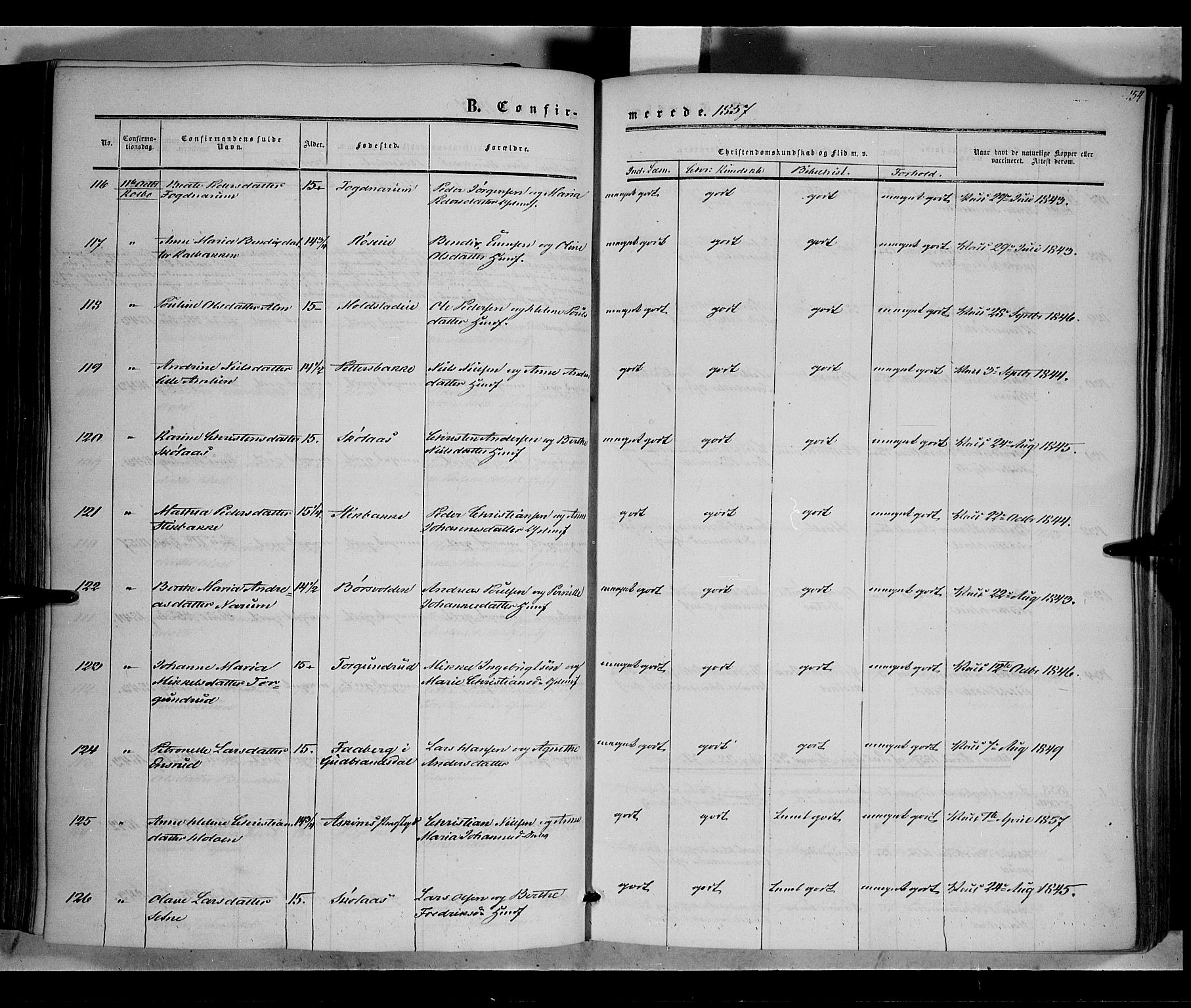 Vestre Toten prestekontor, SAH/PREST-108/H/Ha/Haa/L0006: Parish register (official) no. 6, 1856-1861, p. 154
