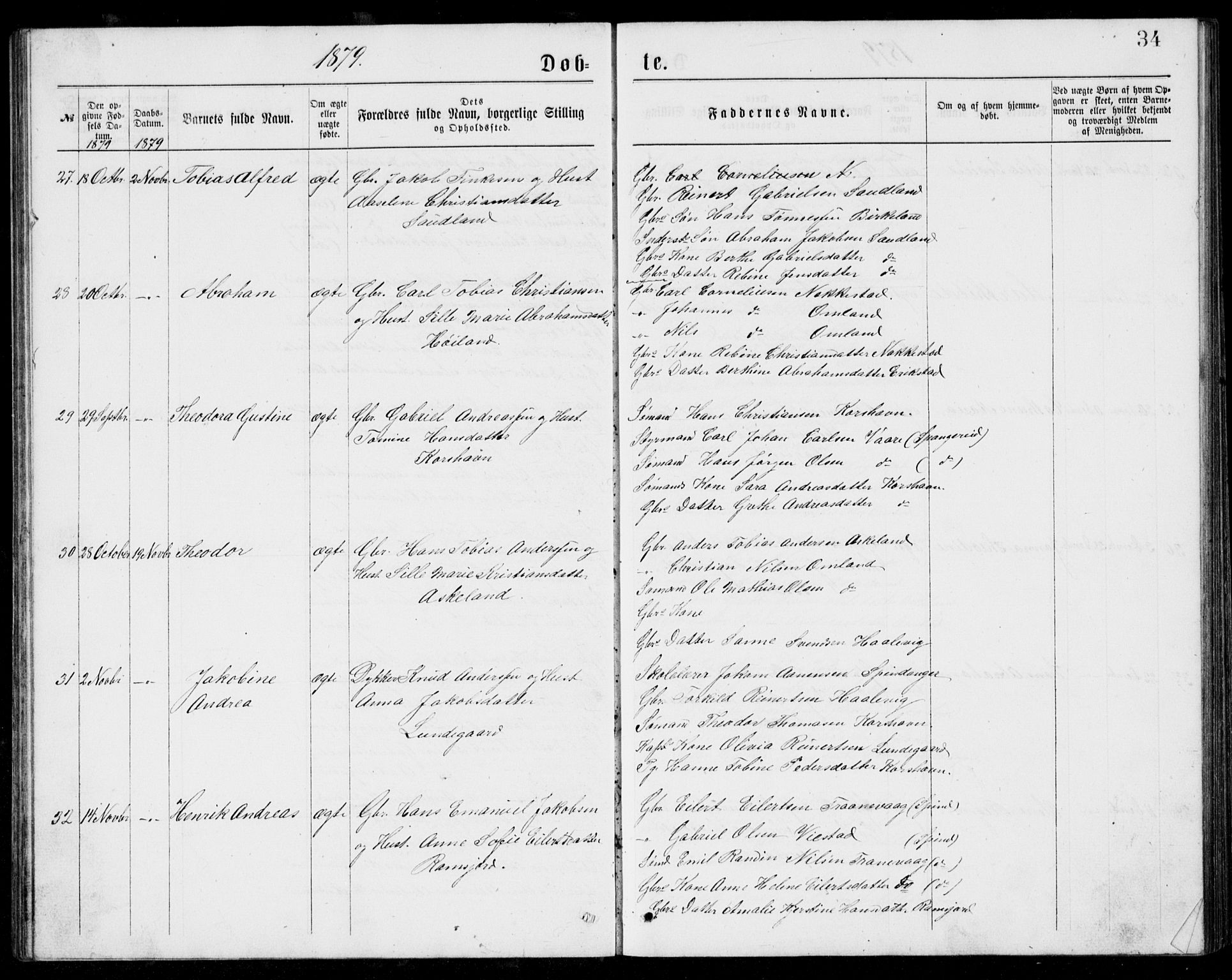 Lyngdal sokneprestkontor, AV/SAK-1111-0029/F/Fb/Fba/L0002: Parish register (copy) no. B 2, 1876-1886, p. 34