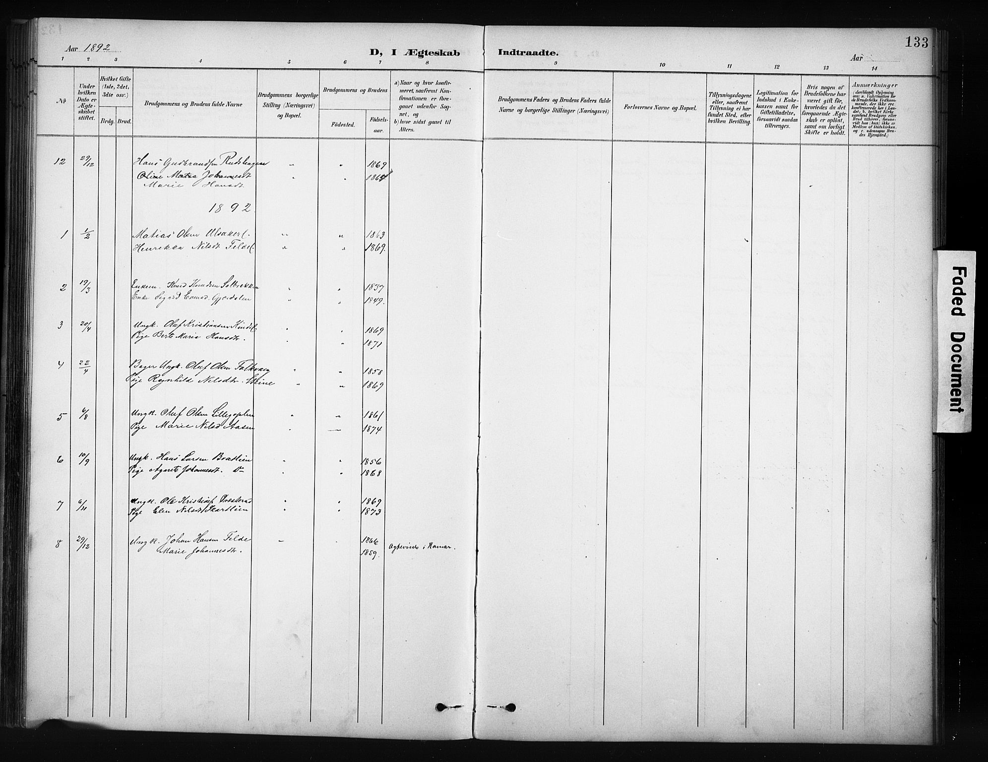 Nordre Land prestekontor, SAH/PREST-124/H/Ha/Hab/L0012: Parish register (copy) no. 12, 1891-1909, p. 133