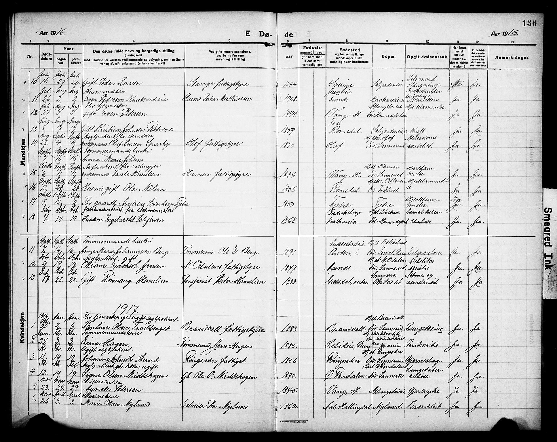 Stange prestekontor, AV/SAH-PREST-002/L/L0015: Parish register (copy) no. 15, 1916-1928, p. 136