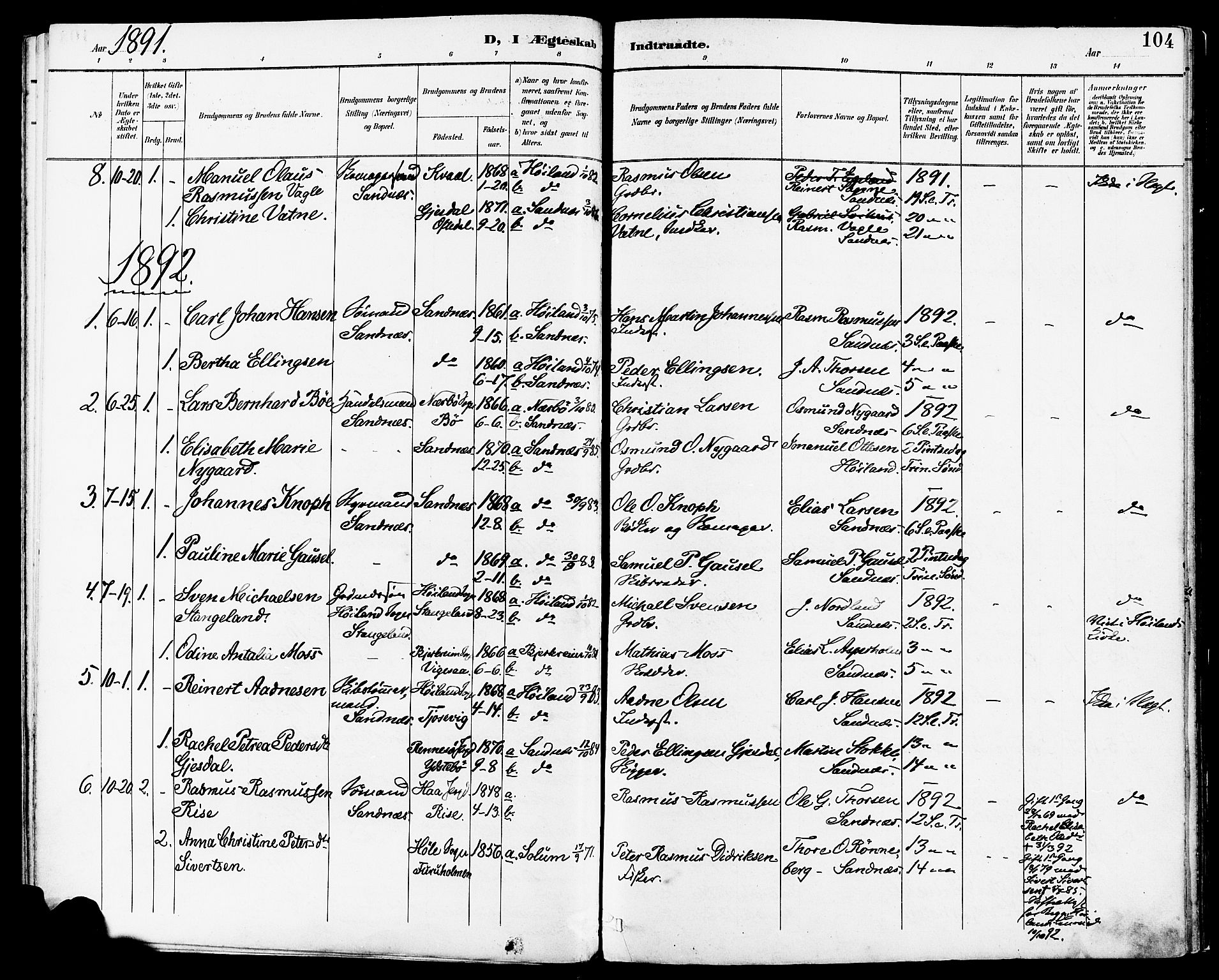 Høyland sokneprestkontor, SAST/A-101799/001/30BA/L0014: Parish register (official) no. A 12, 1890-1898, p. 104