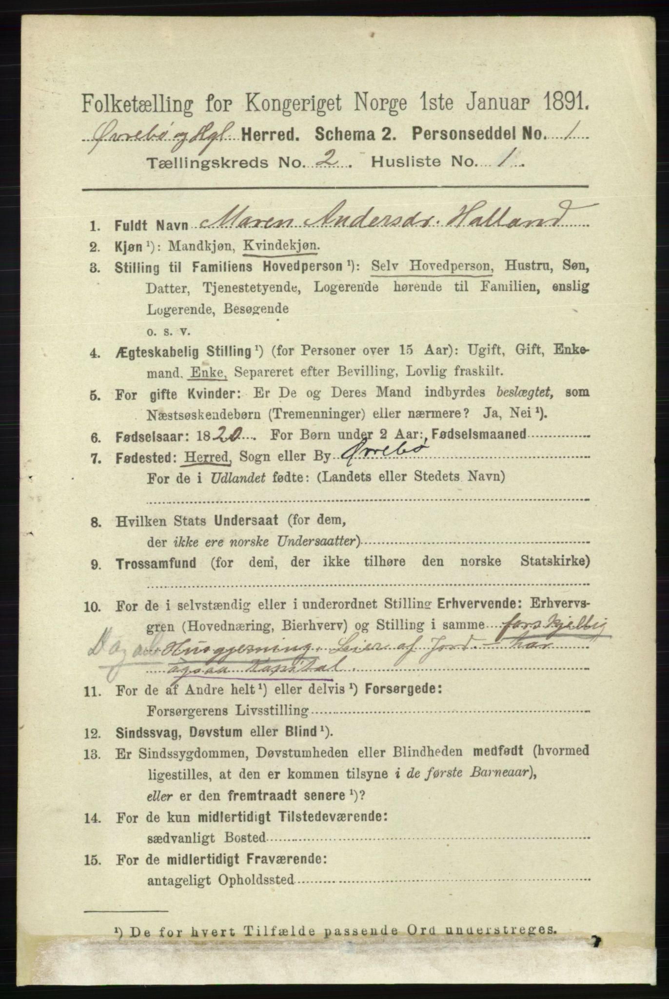 RA, 1891 census for 1016 Øvrebø og Hægeland, 1891, p. 320