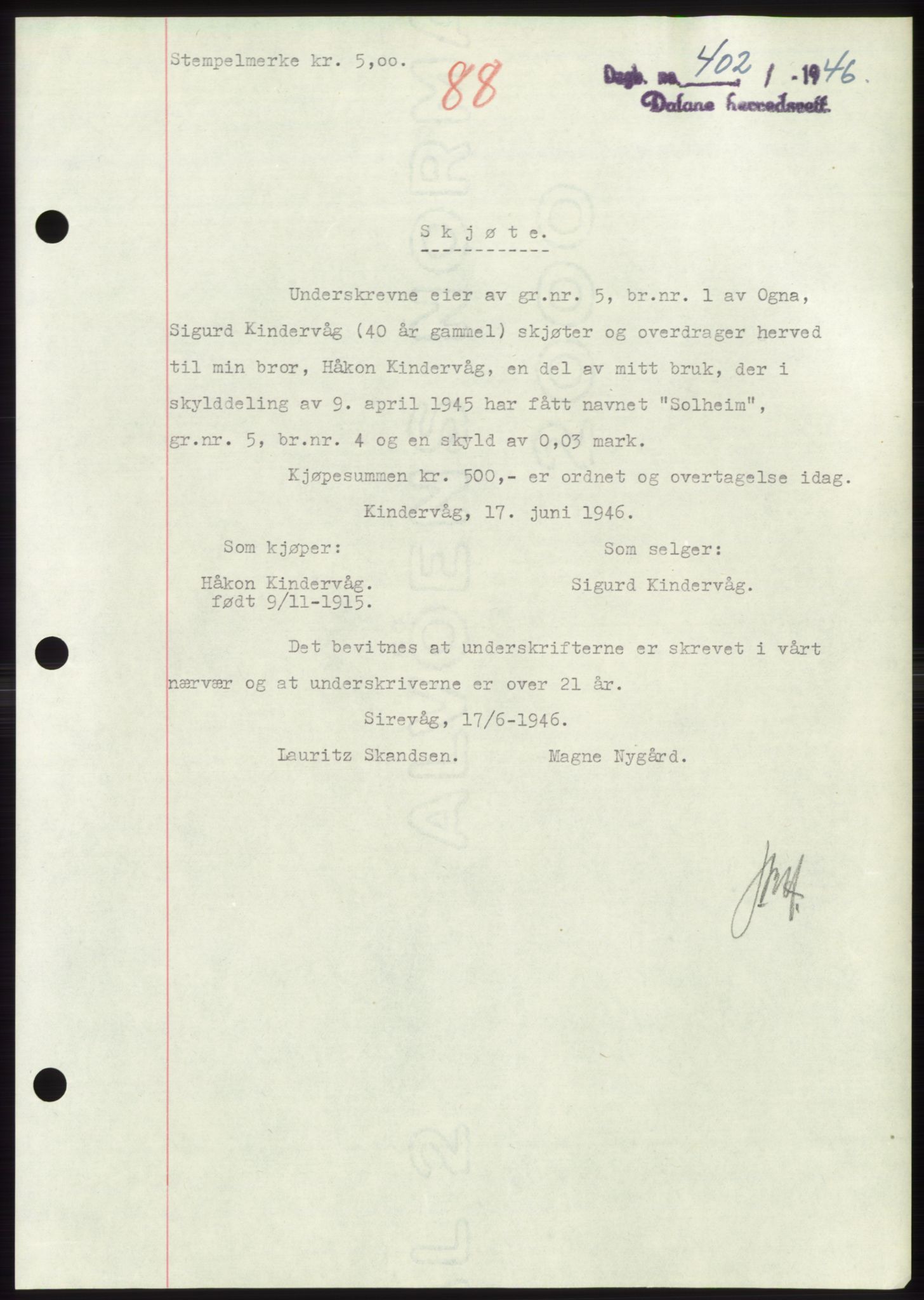 Dalane sorenskriveri, AV/SAST-A-100309/02/G/Gb/L0058: Mortgage book, 1926-1950, Deed date: 20.06.1946