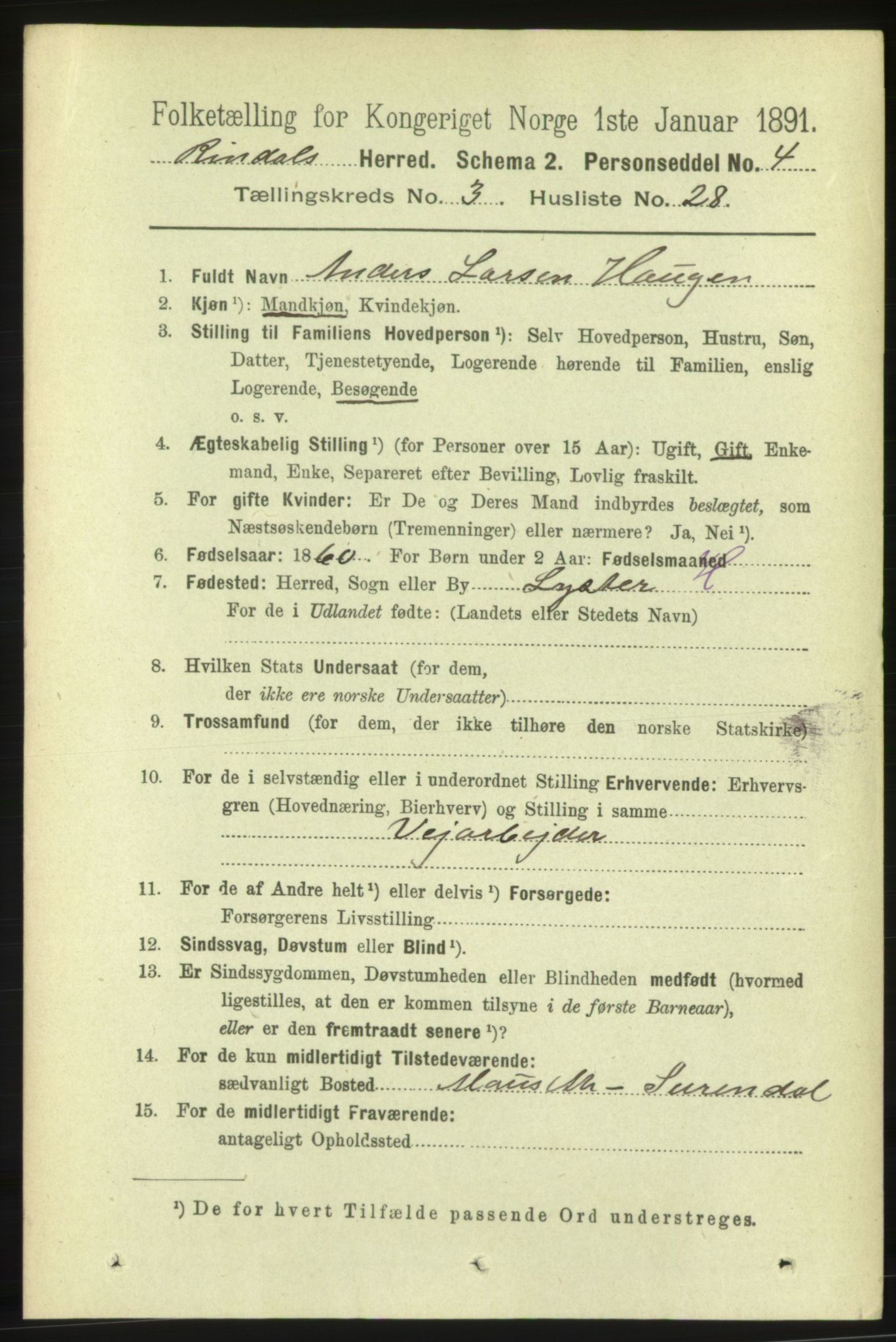 RA, 1891 census for 1567 Rindal, 1891, p. 890