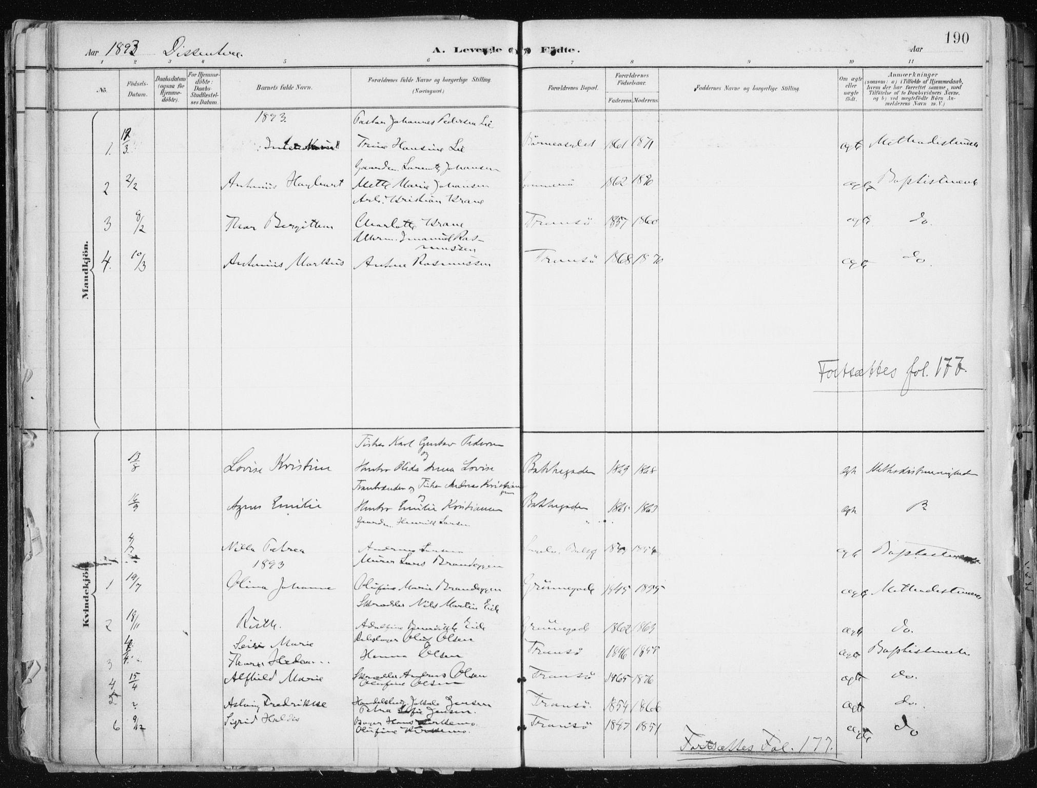 Tromsø sokneprestkontor/stiftsprosti/domprosti, AV/SATØ-S-1343/G/Ga/L0015kirke: Parish register (official) no. 15, 1889-1899, p. 190