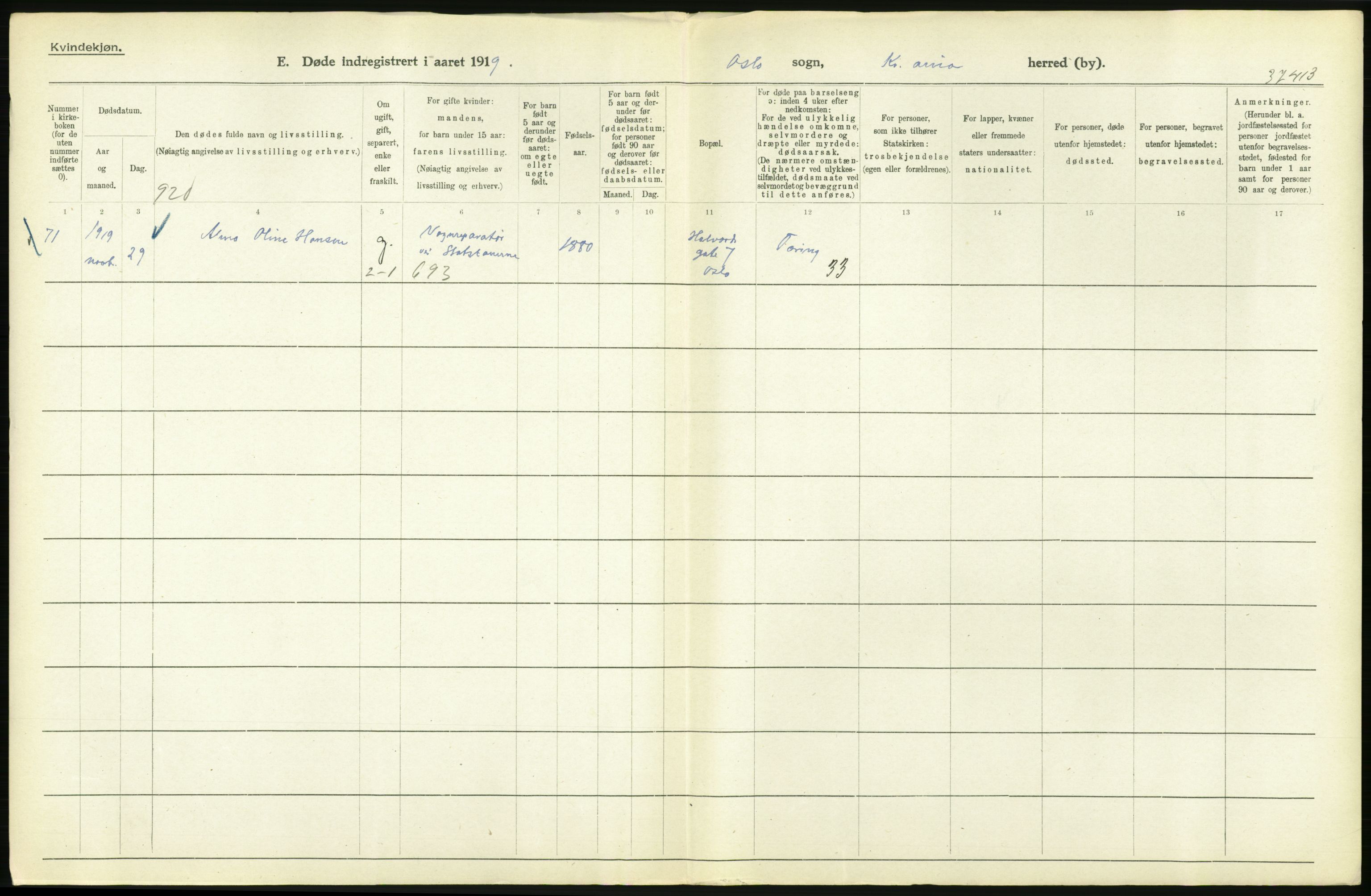 Statistisk sentralbyrå, Sosiodemografiske emner, Befolkning, AV/RA-S-2228/D/Df/Dfb/Dfbi/L0010: Kristiania: Døde, 1919, p. 386